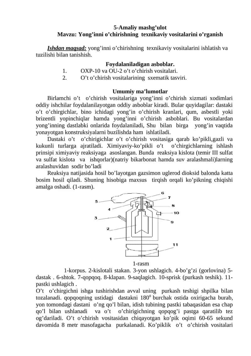 Yong’inni o’chirishning texnikaviy vositalarini o’rganish