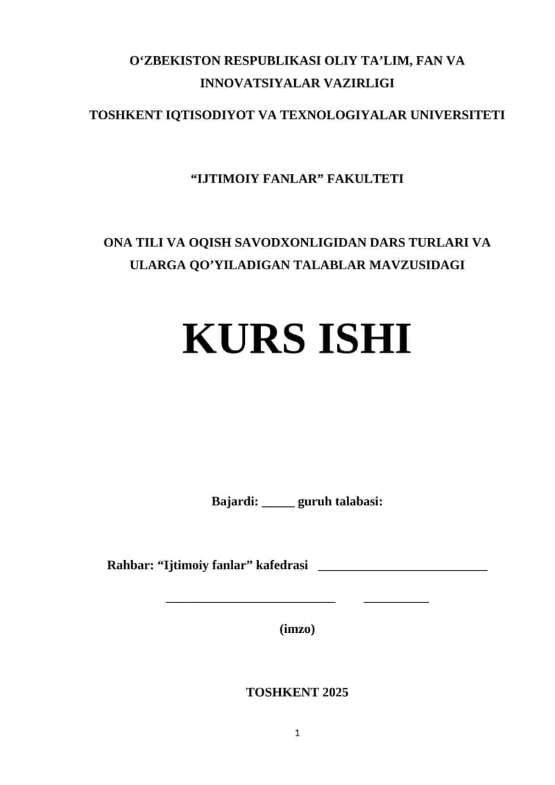 ONA TILI VA OQISH SAVODXONLIGI FANIDAN DARS TURLARI