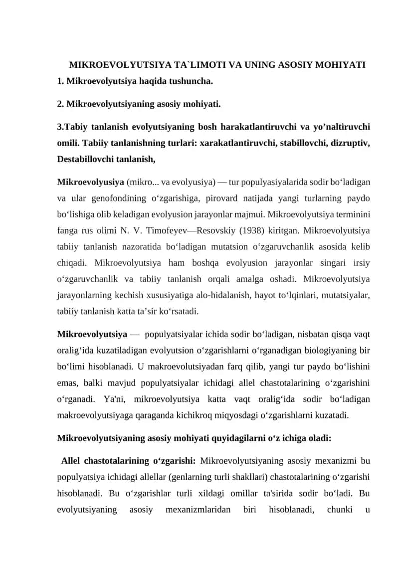 MIKROEVOLYUTSIYA TA`LIMOTI VA UNING ASOSIY MOHIYATI