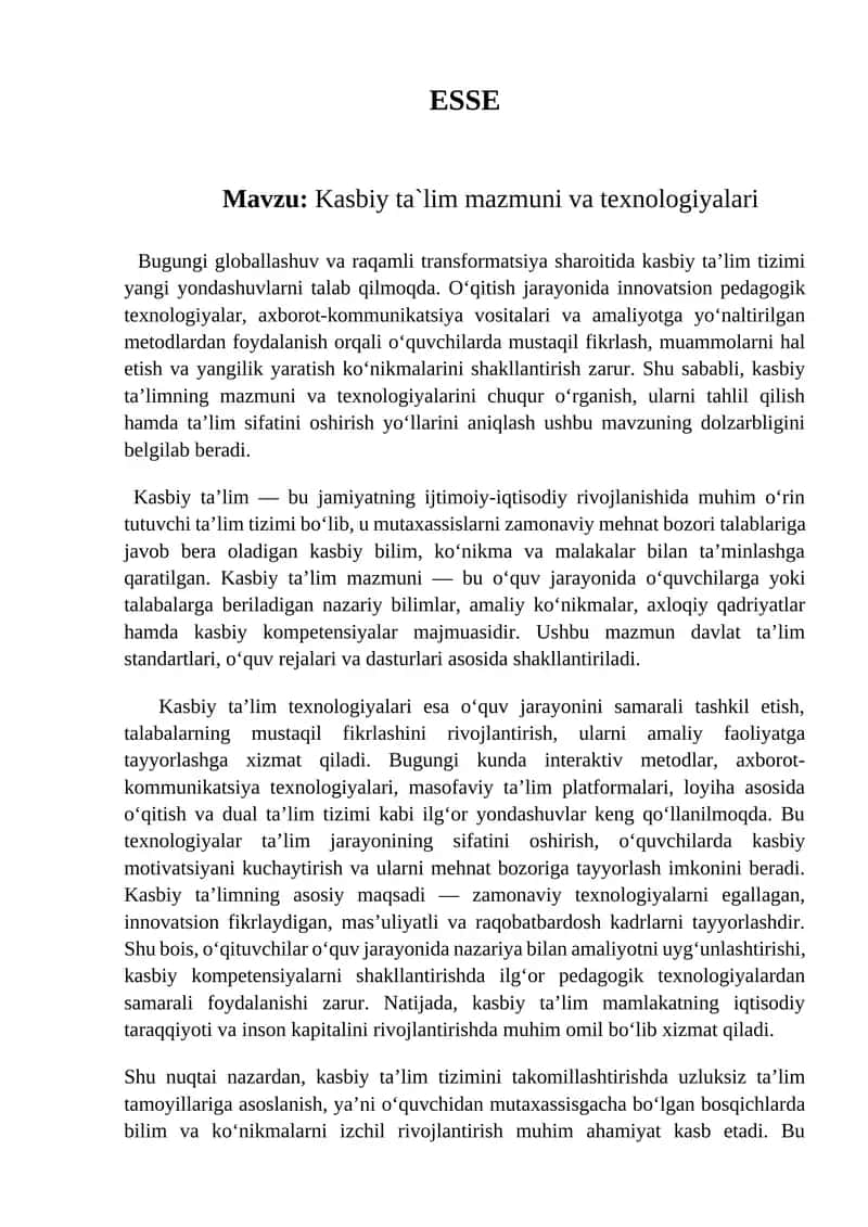 Kasbiy ta`lim mazmuni va texnologiyalari
