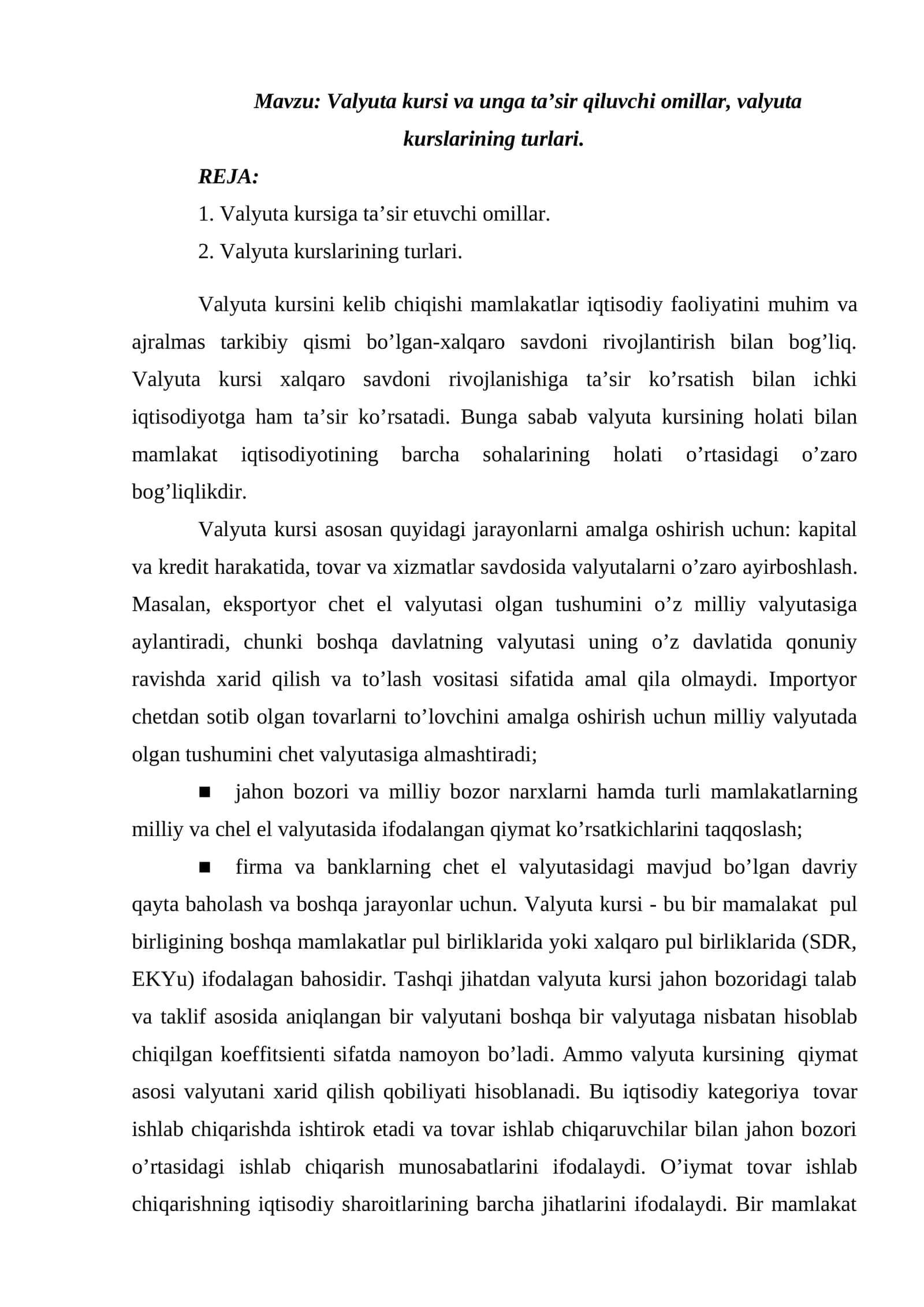 Valyuta kursi va unga ta’sir qiluvchi omillar