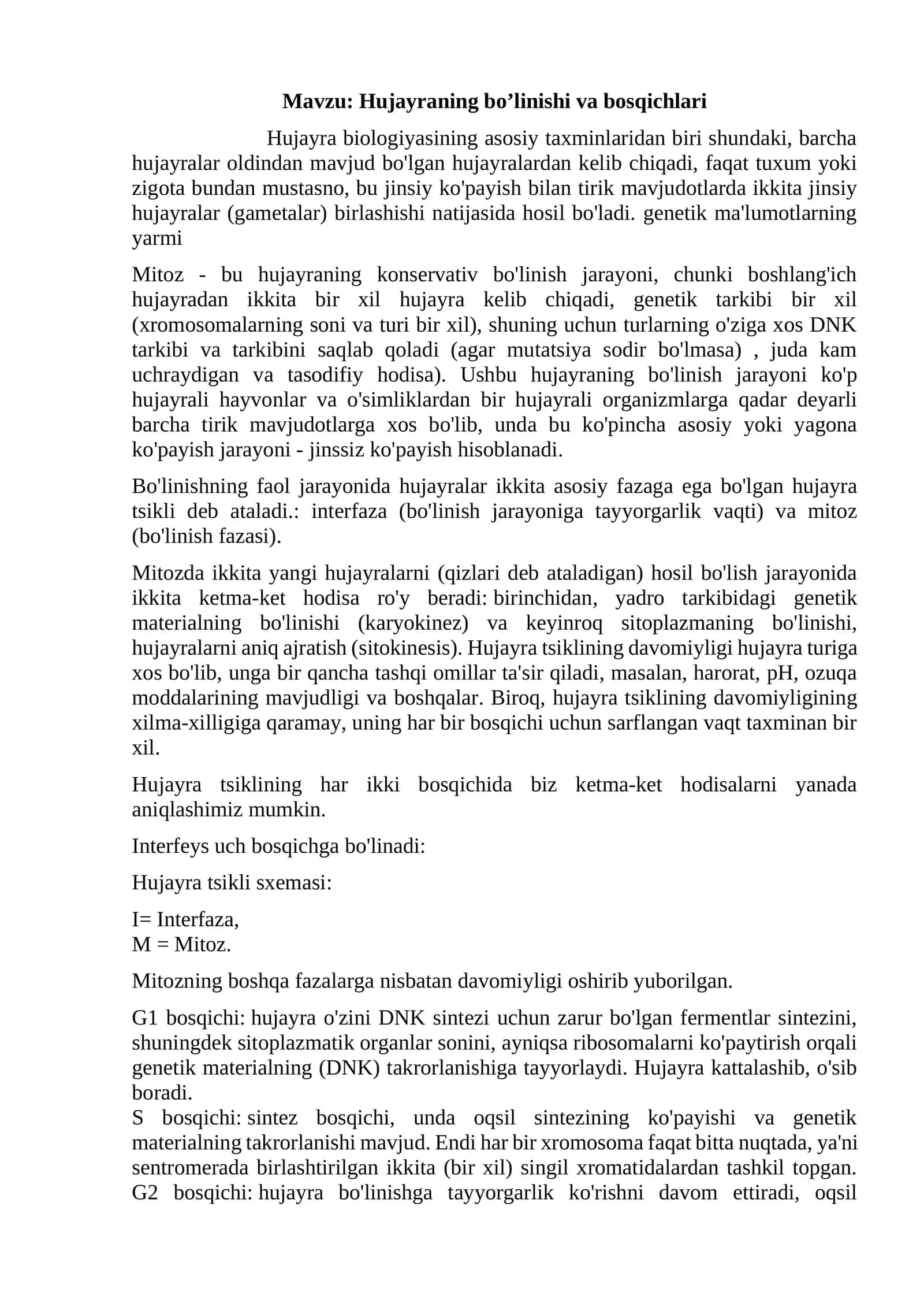 Hujayraning bo’linishi va bosqichlari