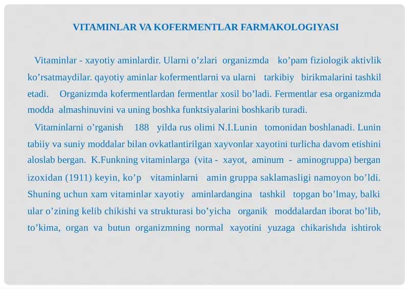 VITAMINLAR VA KOFERMENTLAR FARMAKOLOGIYASI