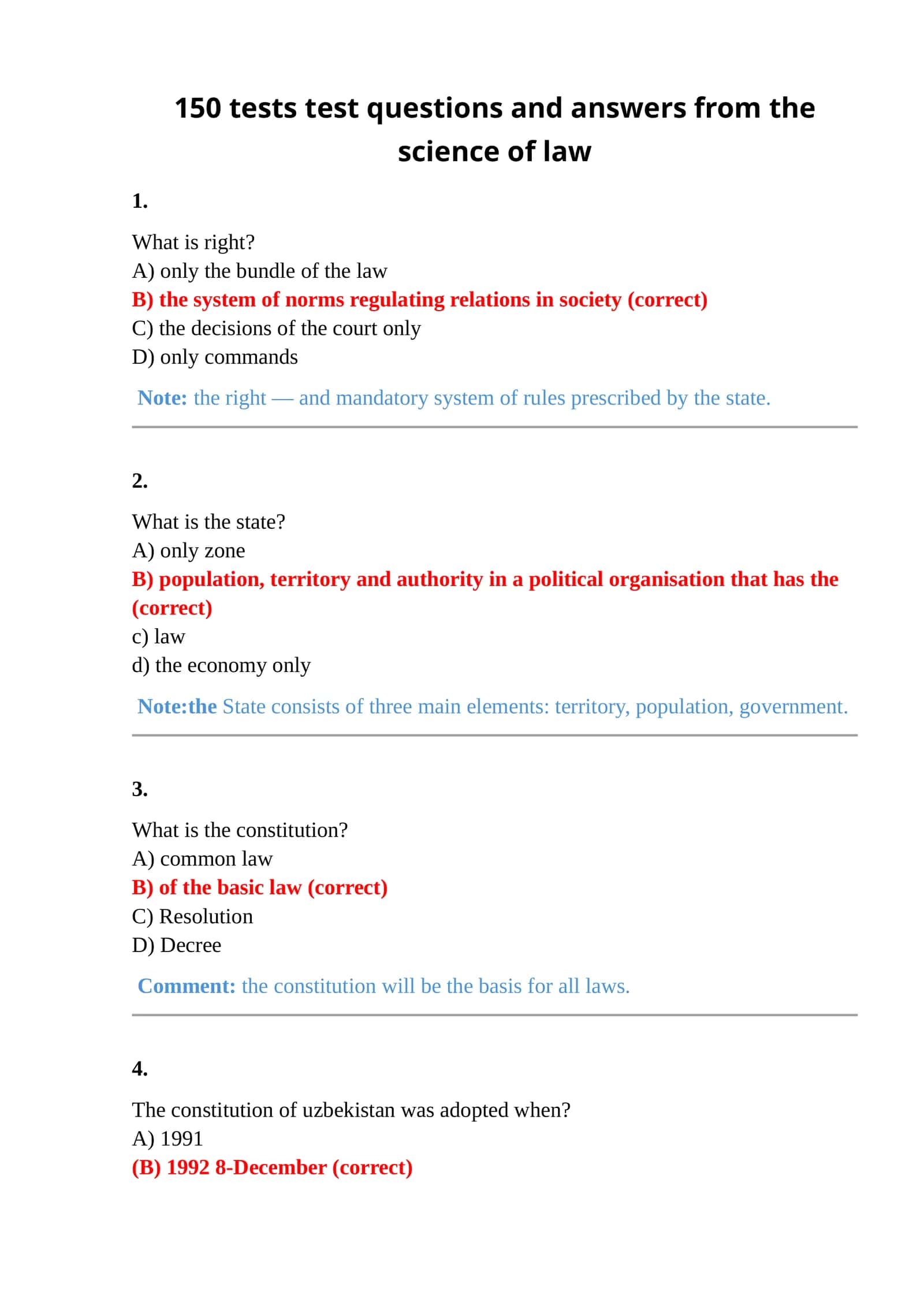 150 tests test questions and answers from the science of law