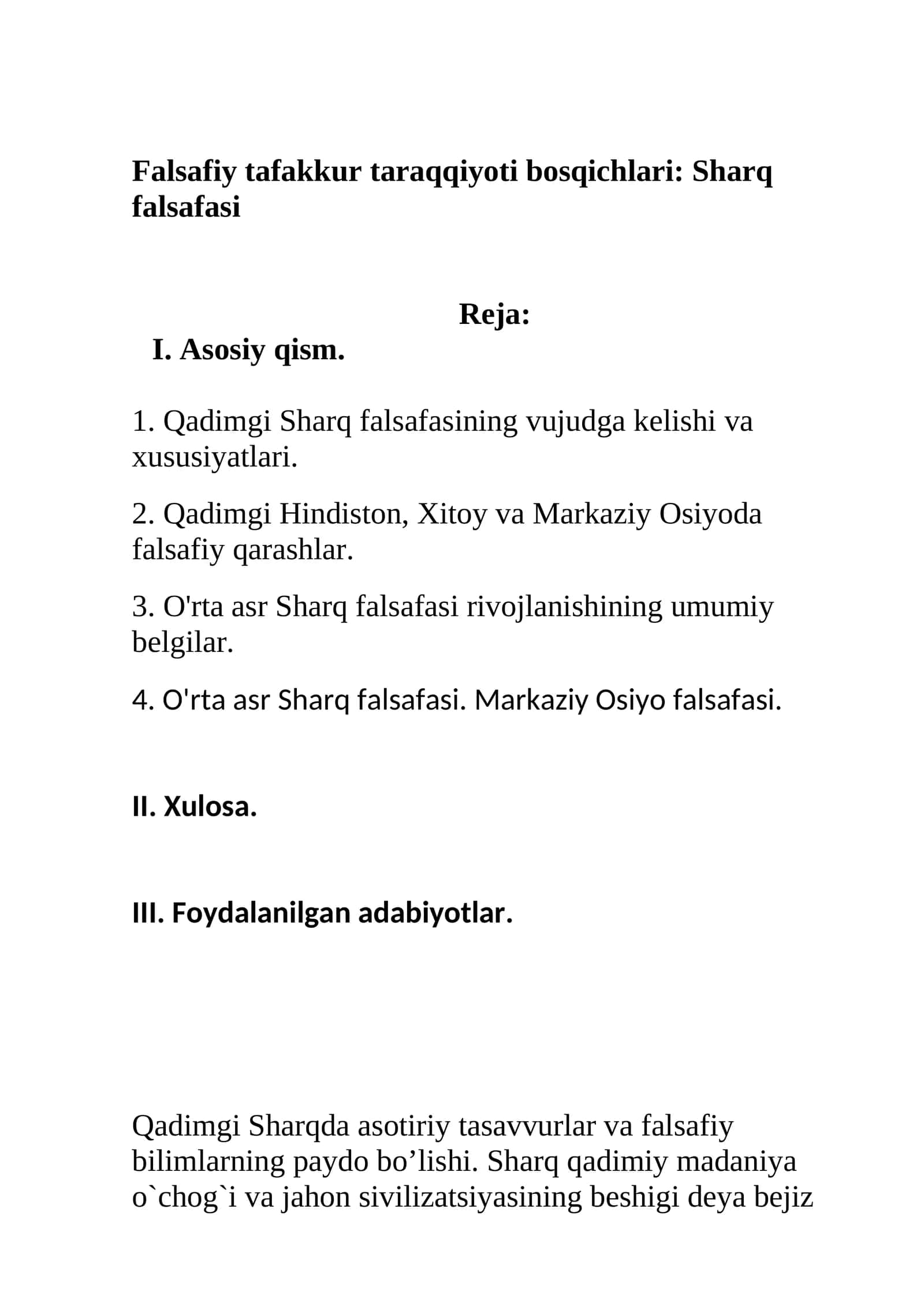 Falsafiy tafakkur taraqqiyoti bosqichlari: Sharq falsafasi