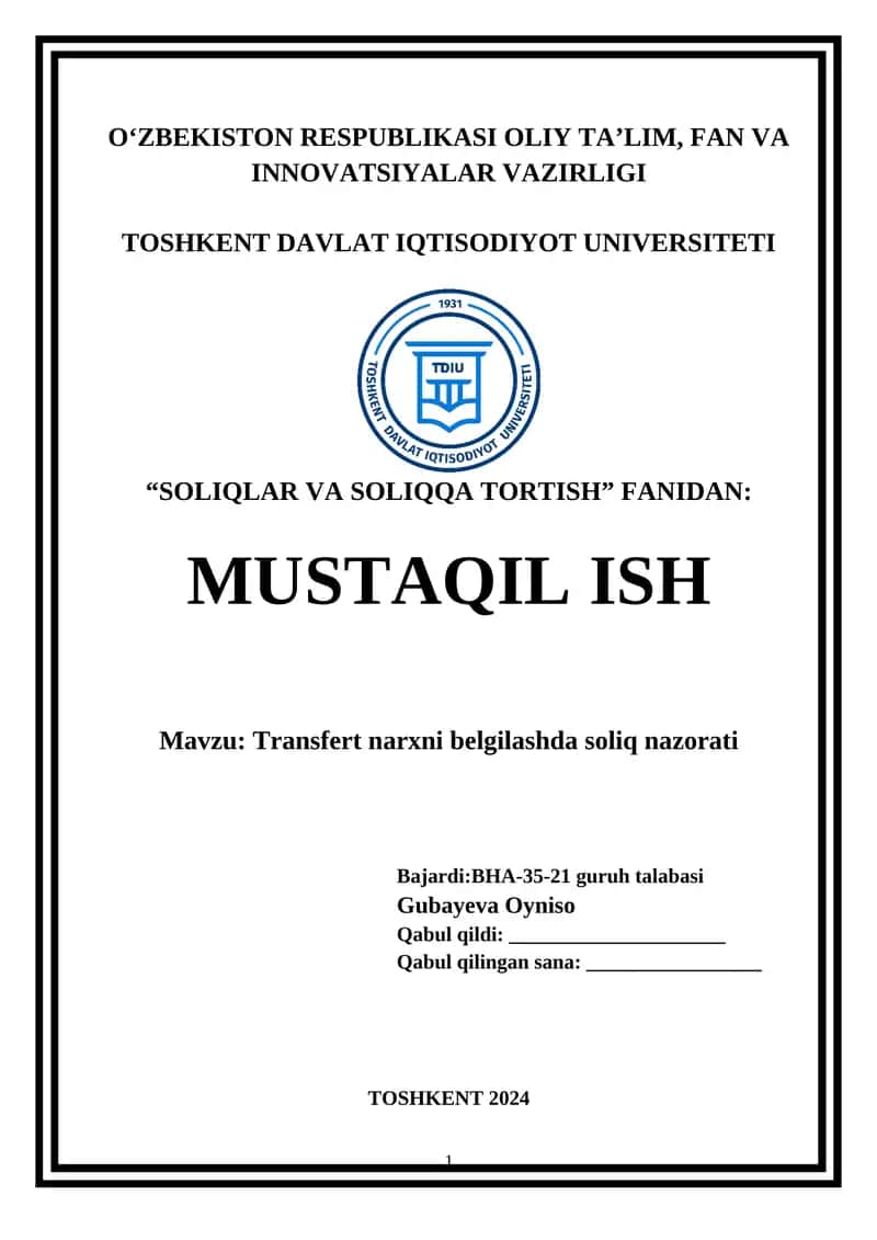 Transfert narxni belgilashda soliq nazorati