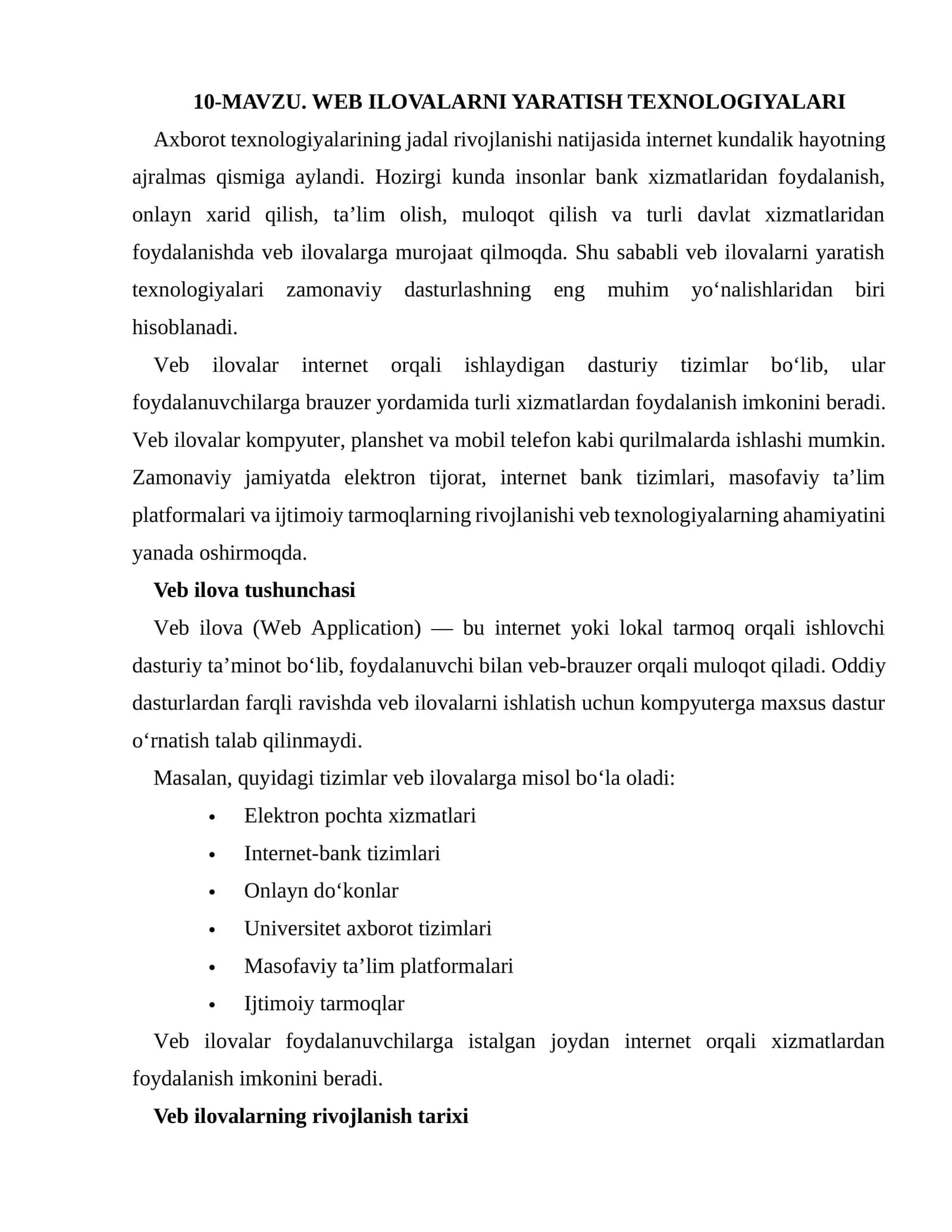MAVZU. WEB ILOVALARNI YARATISH TEXNOLOGIYALARI