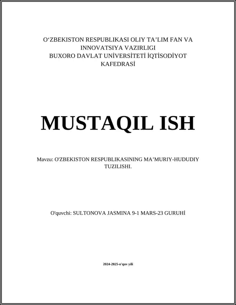 O'ZBEKISTON RESPUBLIKASINING MA’MURIY-HUDUDIY TUZILISHI