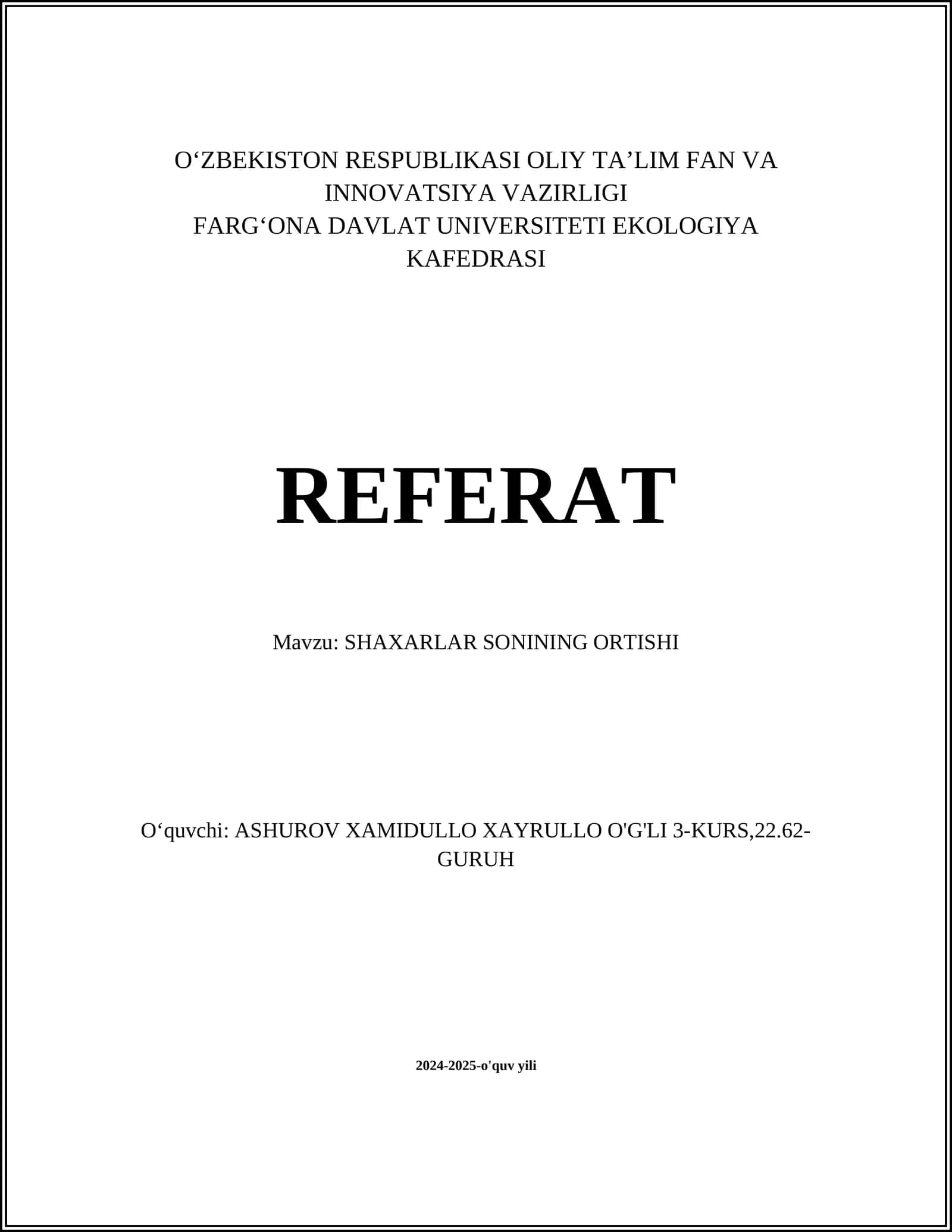 SHAXARLAR SONINING ORTISHI REFERAT
