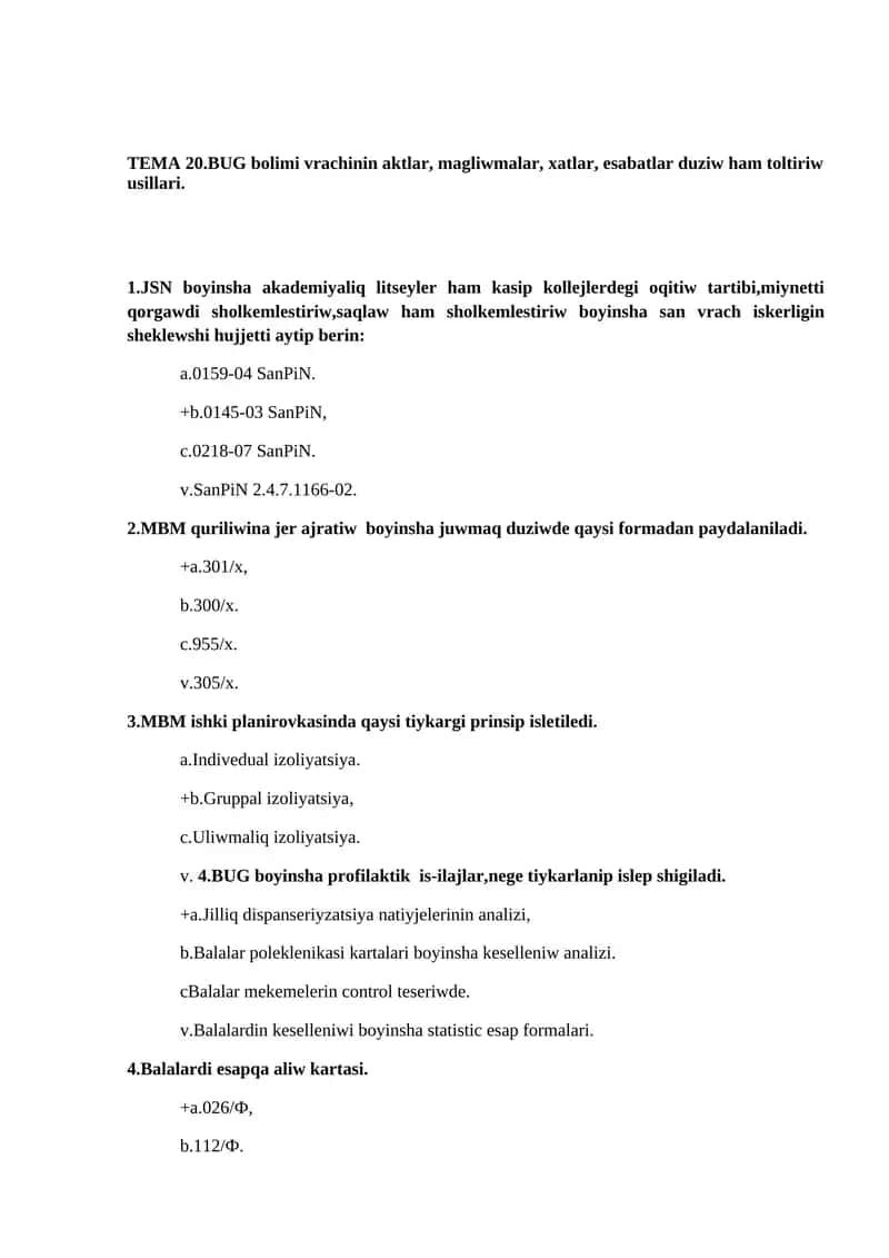 TEMA 20.BUG bolimi vrachinin aktlar, magliwmalar, xatlar, esabatlar duziw ham toltiriw usillari
