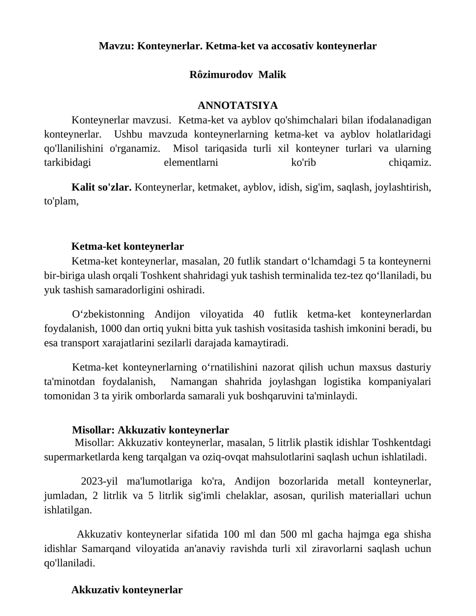 Konteynerlar. Ketma-ket va accosativ konteynerlar