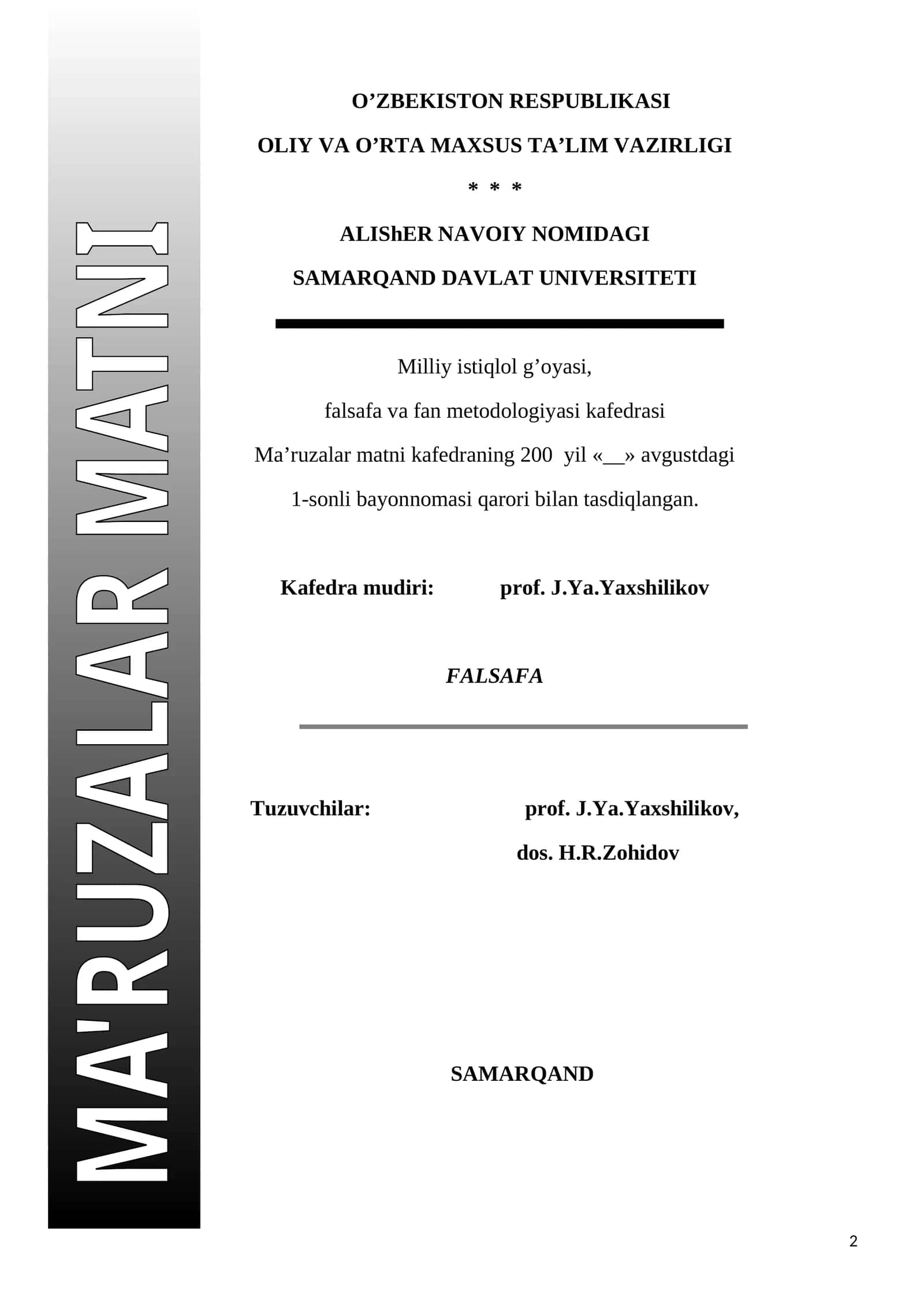 1-mavzu: Falsafaning baxs mavzulari, jamiyatdagi o’rni va asosiy vazifalari