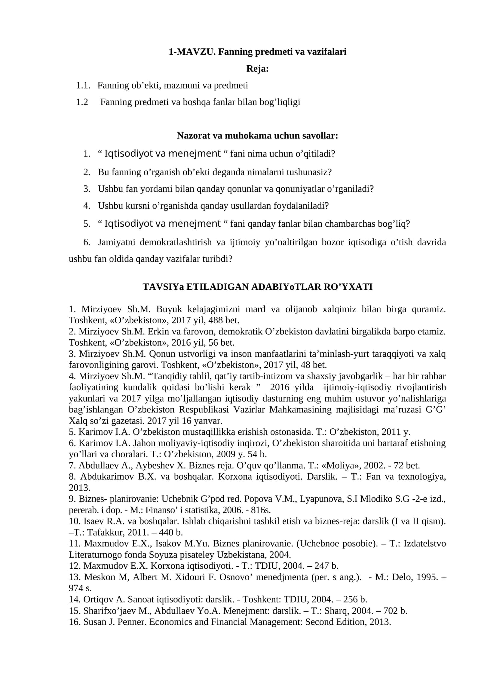 MAVZU. Fanning predmeti va vazifalari
