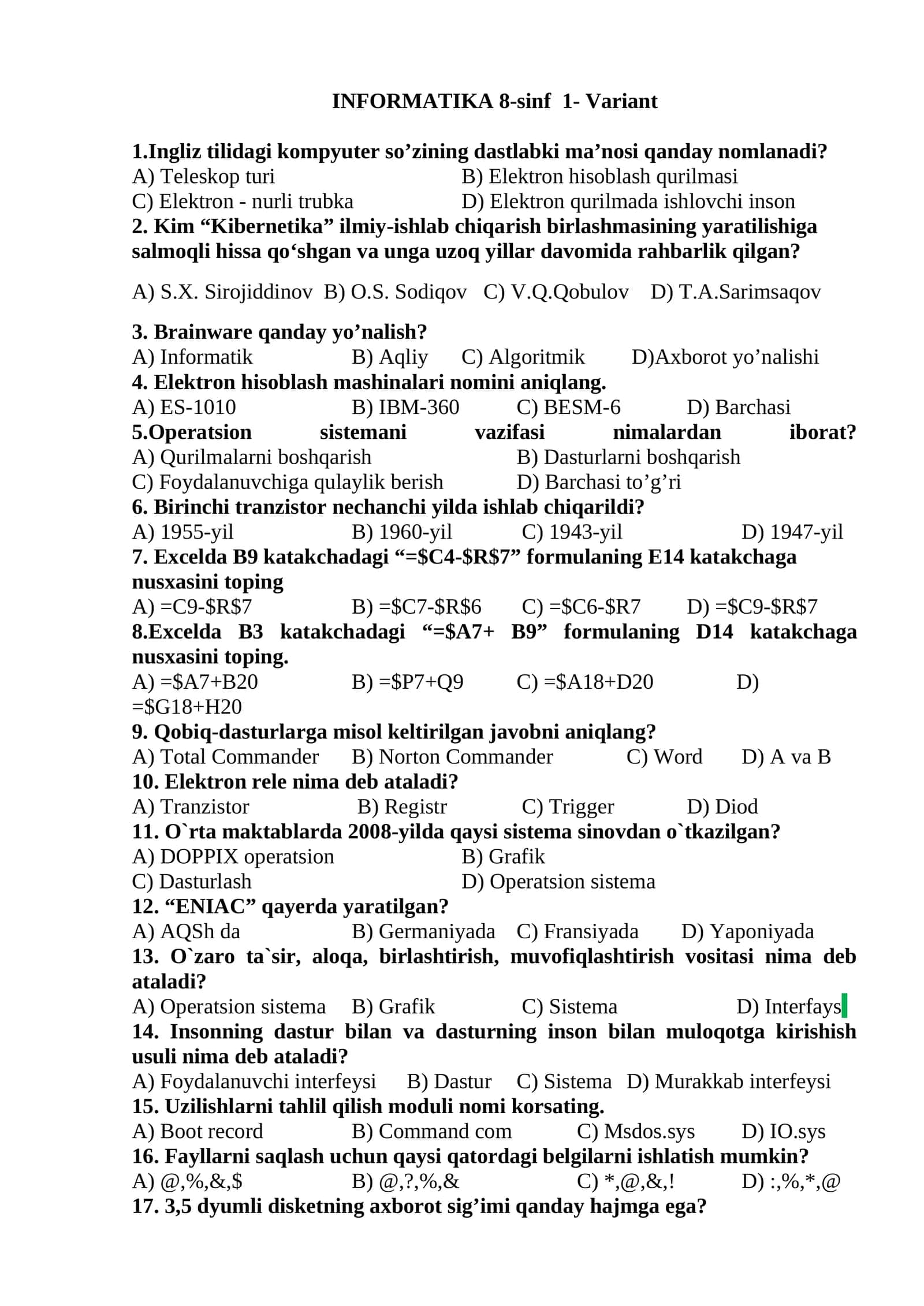 INFORMATIKA 8-sinf 1- Variant