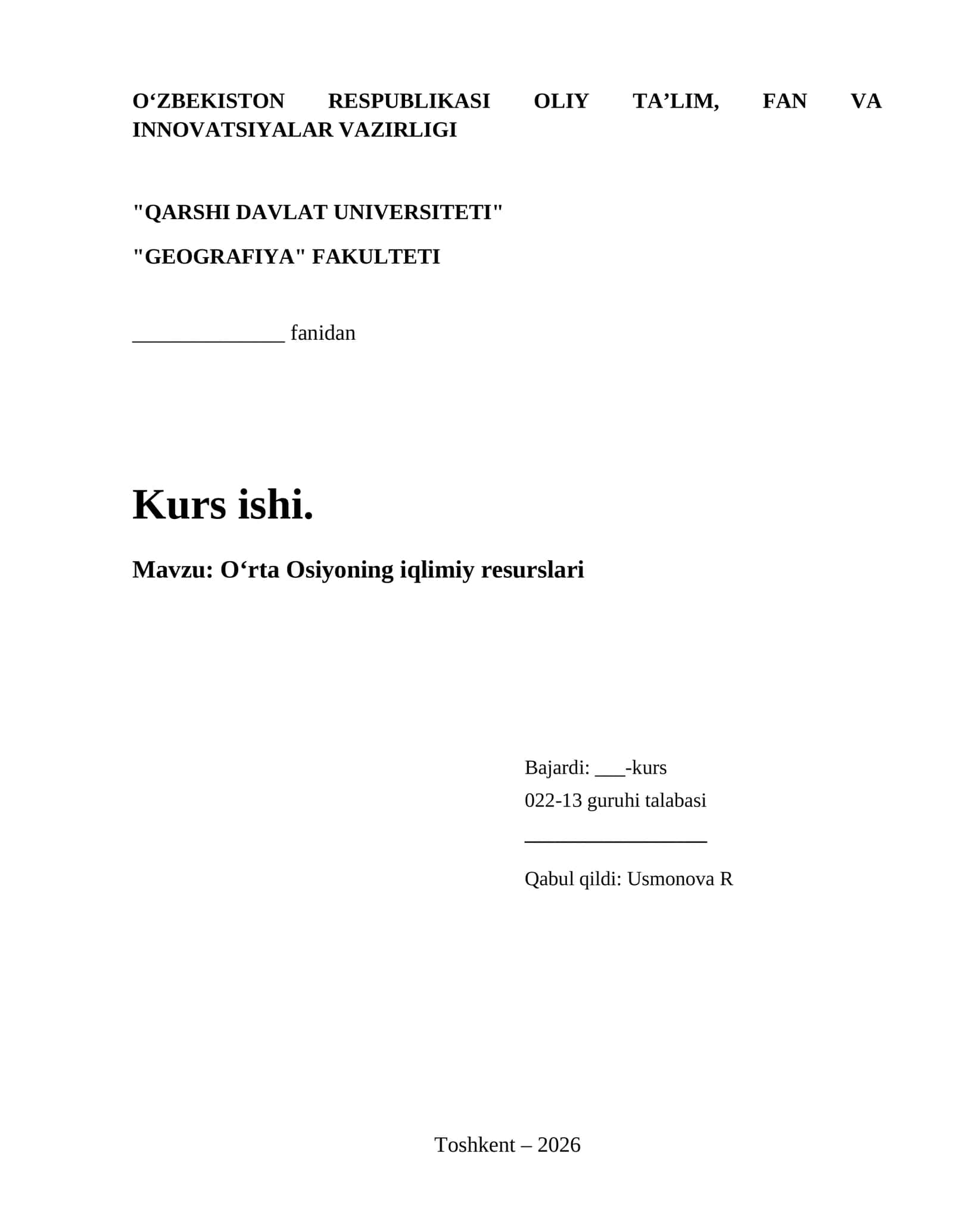 Oʻrta Osiyoning iqlimiy resurslari Kurs ishi