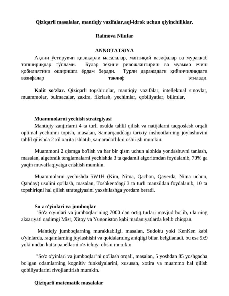 Qiziqarli masalalar, mantiqiy vazifalar