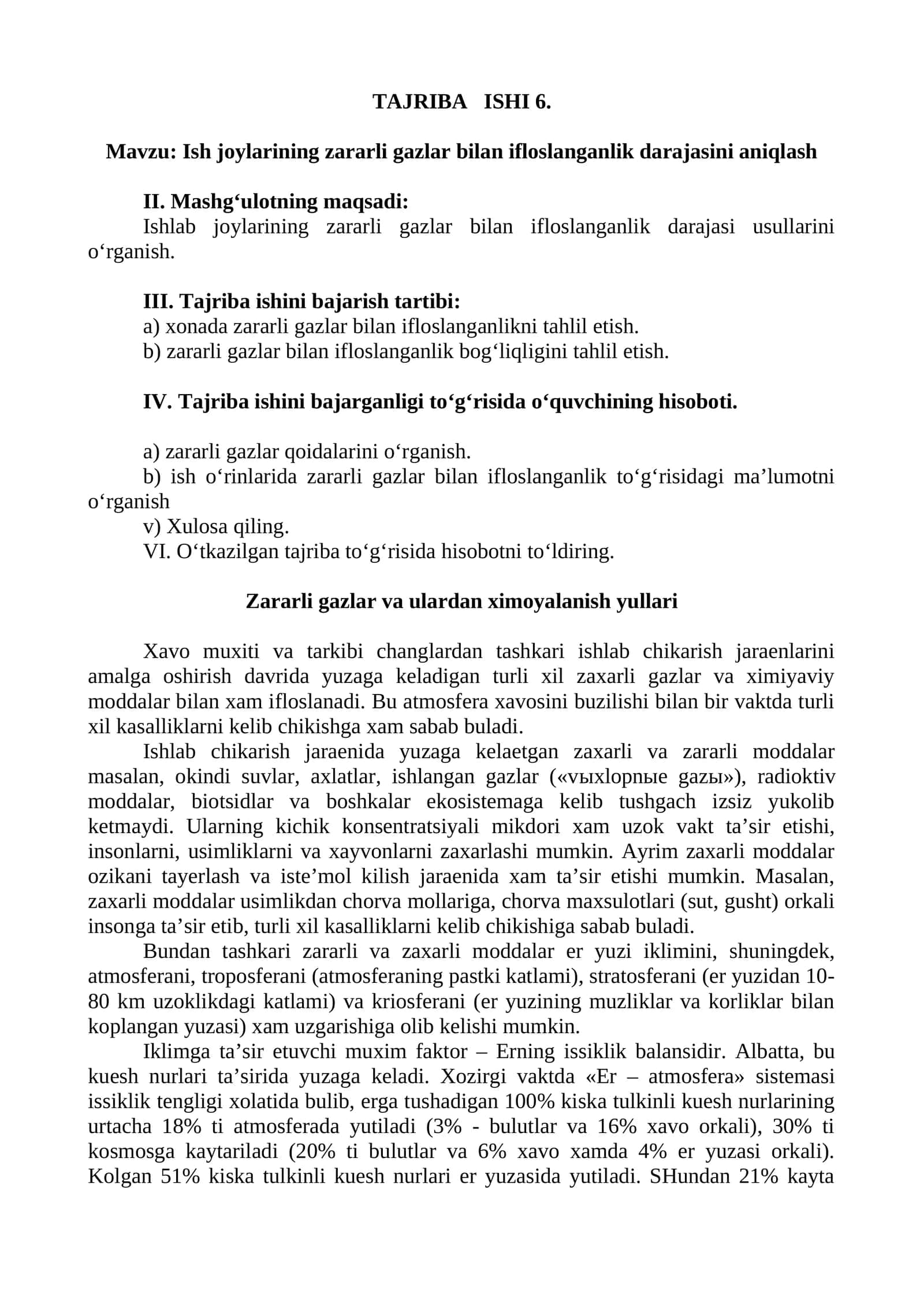 TAJRIBA ISHI 6. Mavzu: Ish joylarining zararli gazlar bilan ifloslanganlik darajasini aniqlash