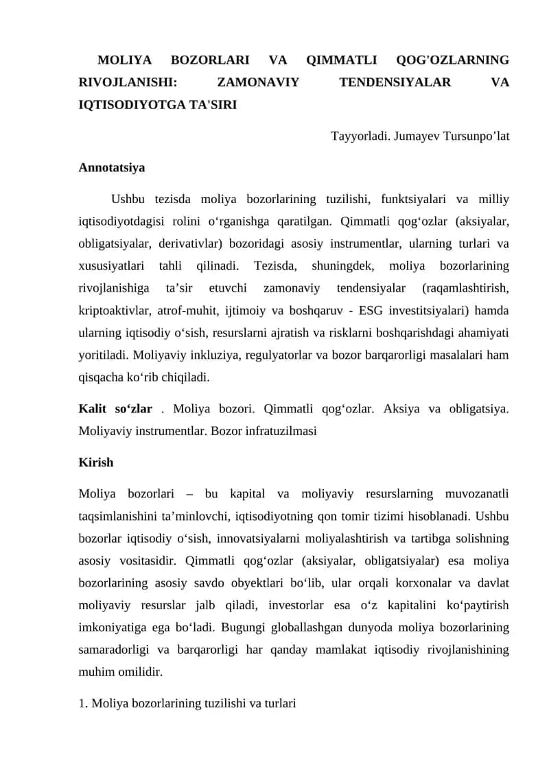 Moliya Bozorlari va Qimmatli Qog'ozlarning Rivojlanishi