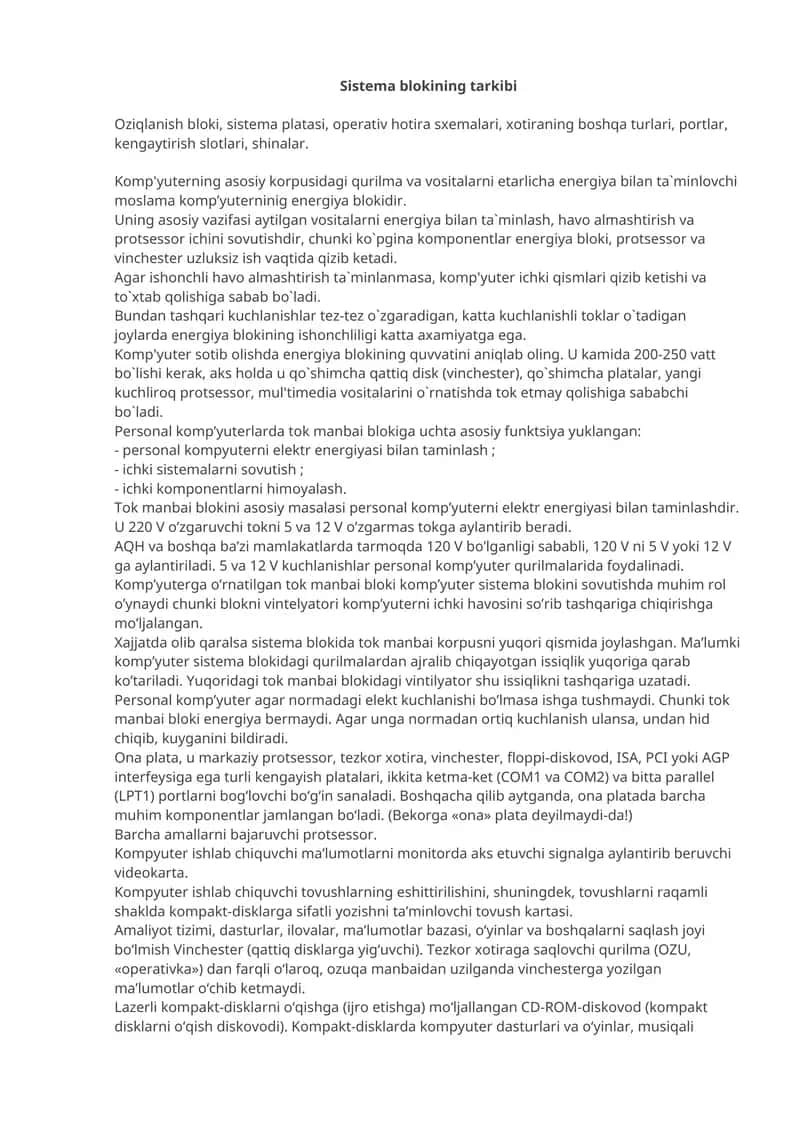 Sistema blokining tarkibi