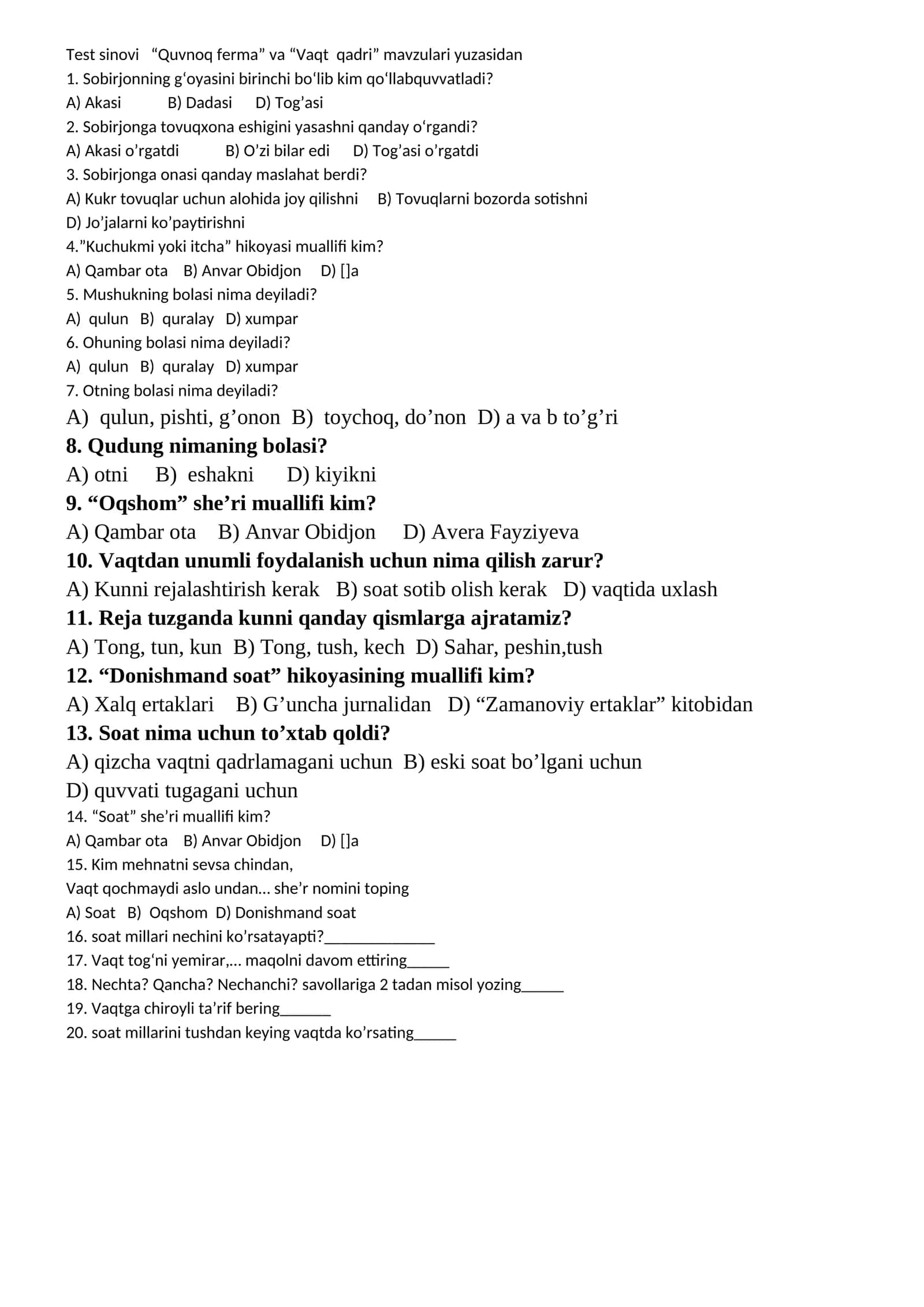 Test sinovi “Quvnoq ferma” va “Vaqt qadri” mavzulari yuzasidan