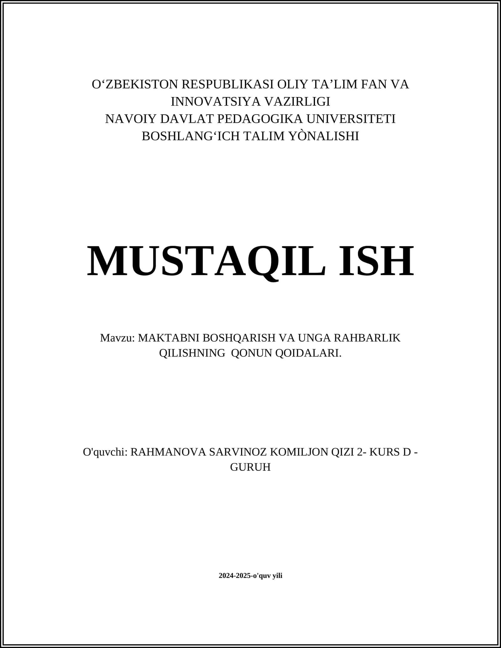 MAKTABNI BOSHQARISH VA UNGA RAHBARLIK QILISHNING QONUN QOIDALARI