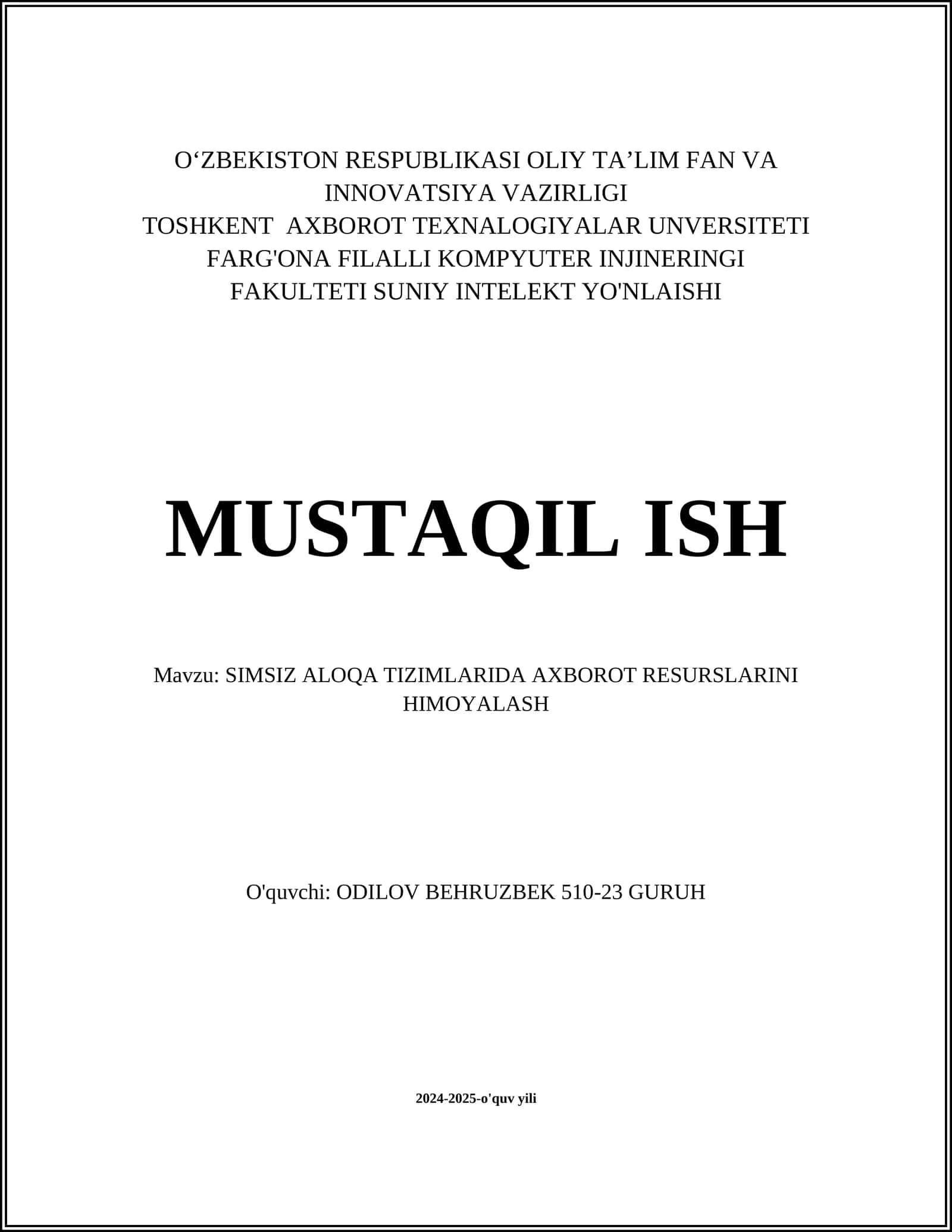 SIMSIZ ALOQA TIZIMLARIDA AXBOROT RESURSLARINI HIMOYALASH