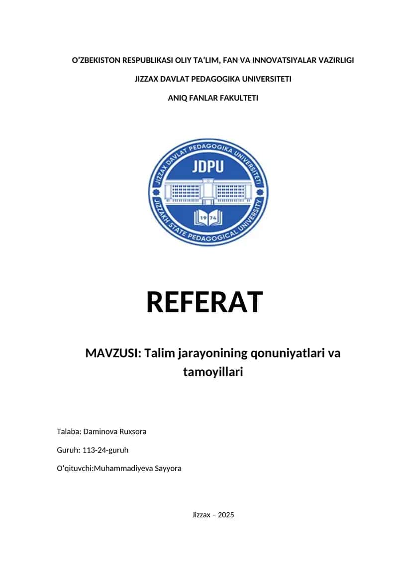 Talim jarayonining qonuniyatlari va tamoyillari