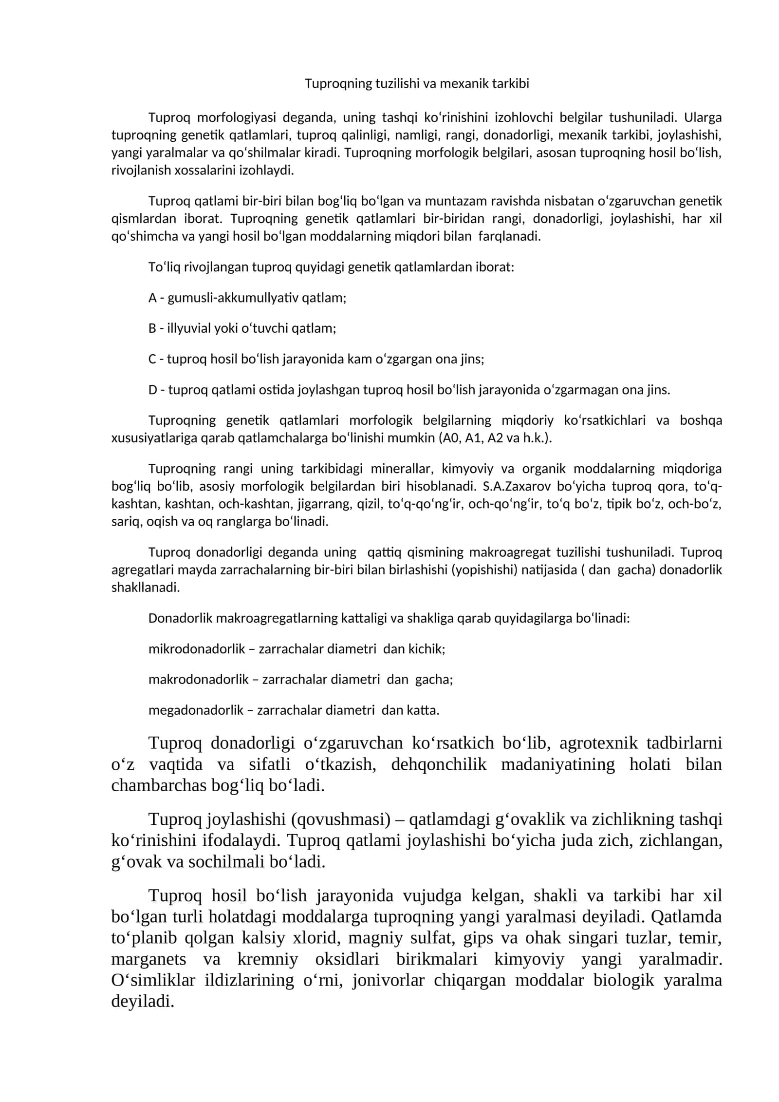 Tuproqning tuzilishi va mexanik tarkibi