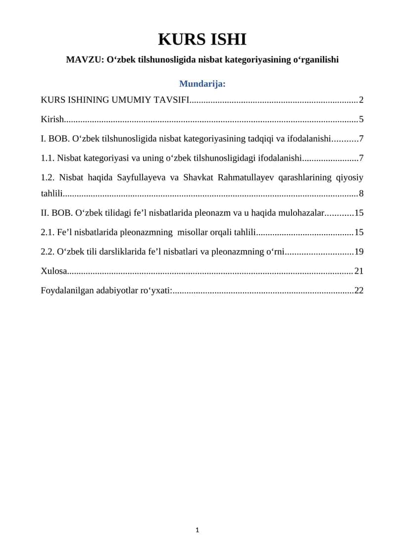 Oʻzbek tilshunosligida nisbat kategoriyasining oʻrganilishi KURS ISHI