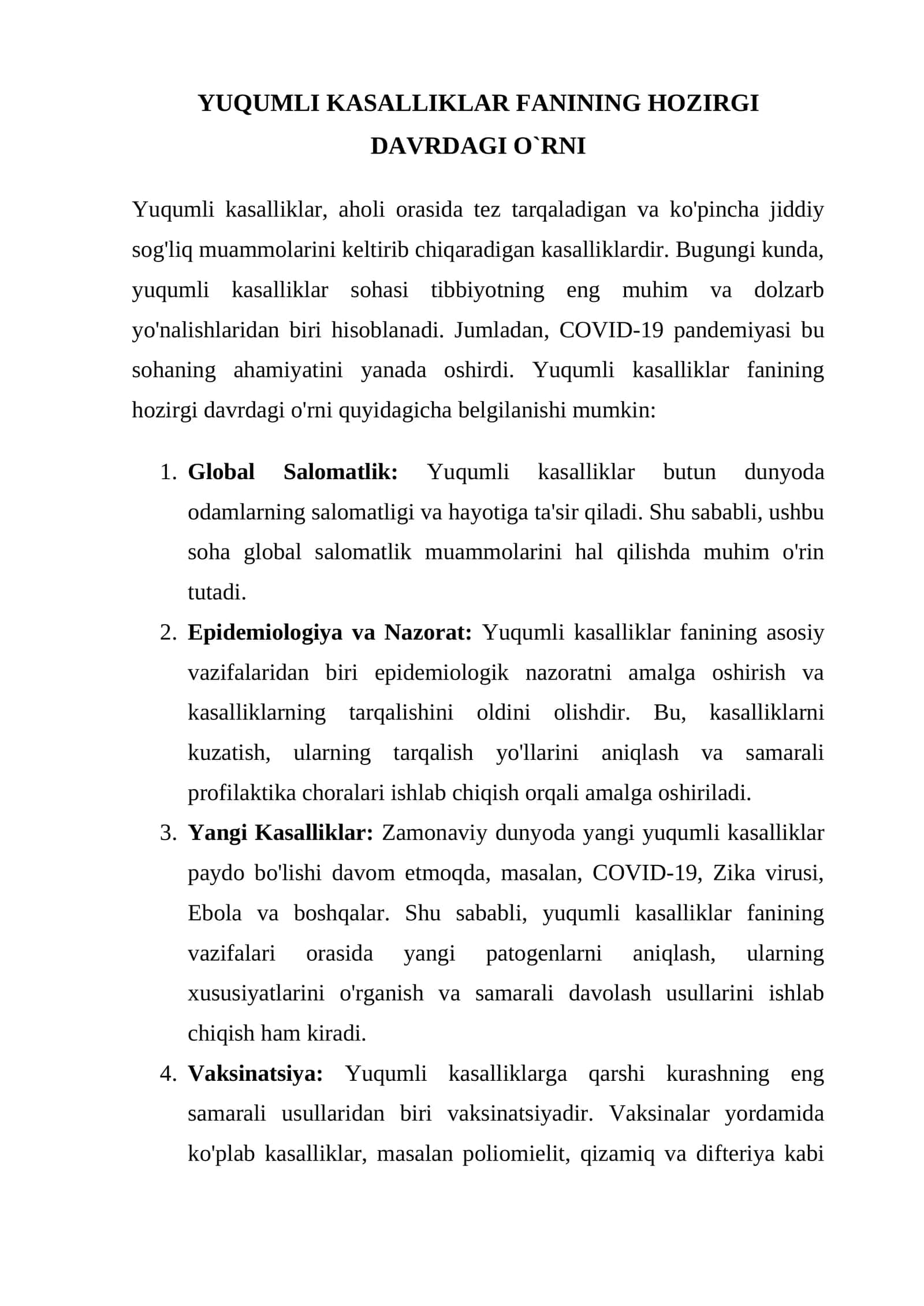 Yuqumli kasalliklar fanining hozirgi davrdagi o`rni