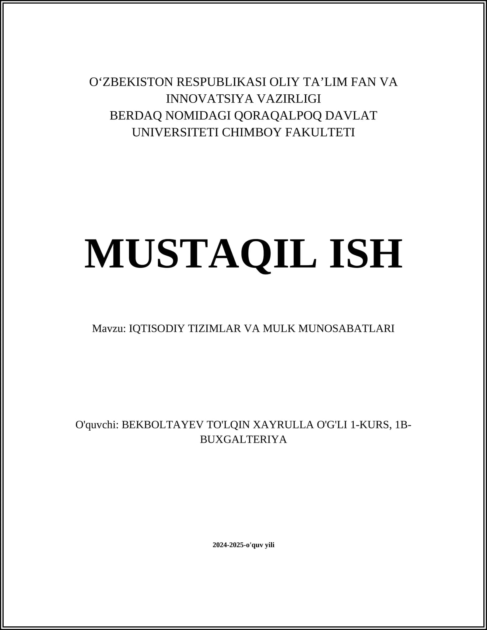 IQTISODIY TIZIMLAR VA MULK MUNOSABATLARI