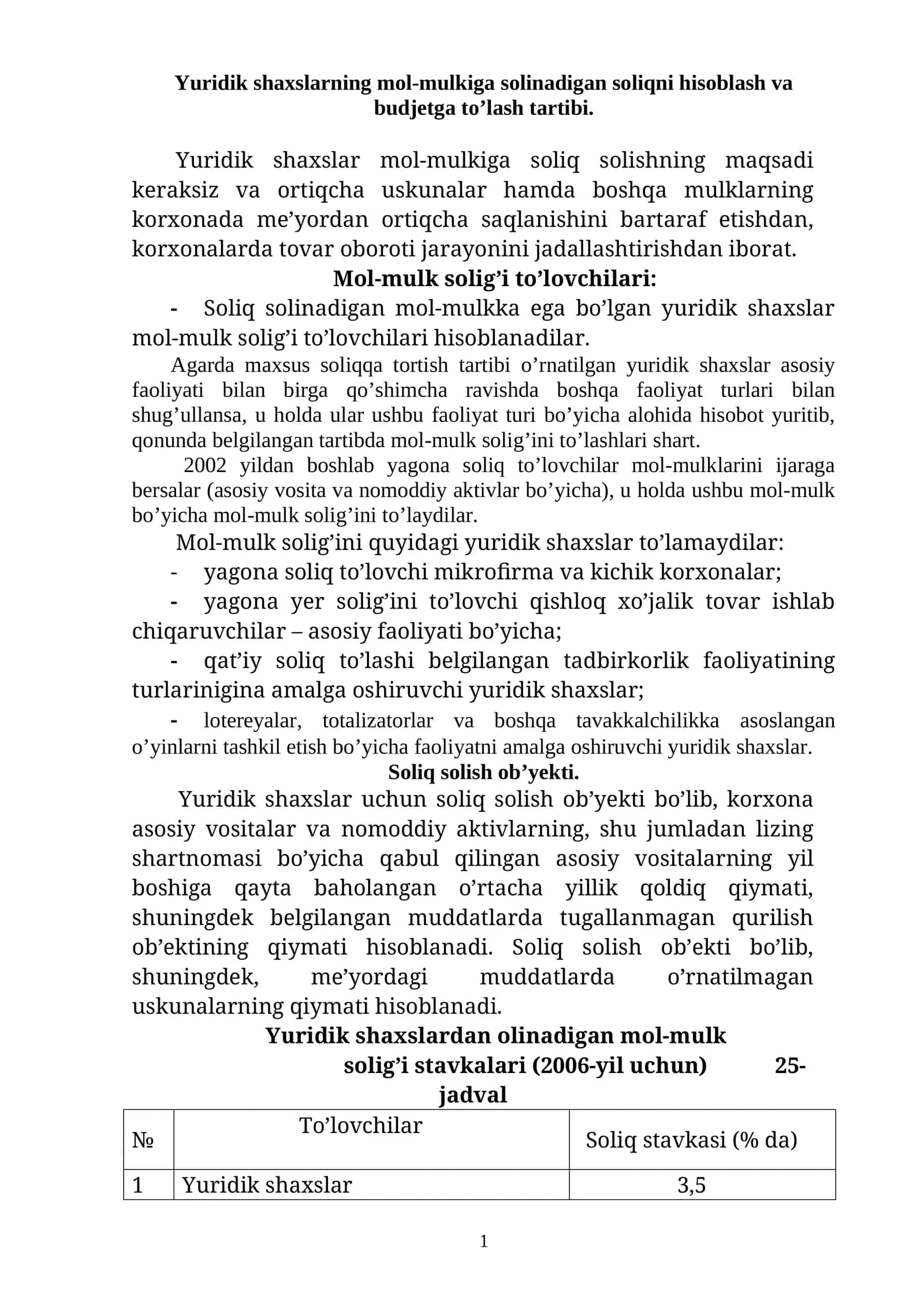 Yuridik shaxslarning mol-mulkiga solinadigan soliqni hisoblash va budjetga to’lash tartibi