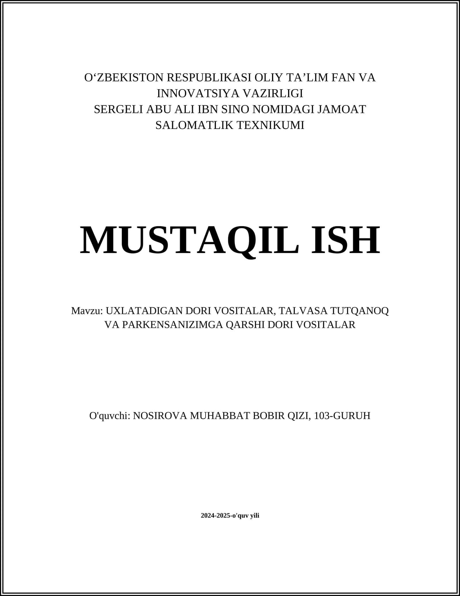 UXLATADIGAN DORI VOSITALAR, TALVASA TUTQANOQ VA PARKENSANIZIMGA QARSHI DORI VOSITALAR