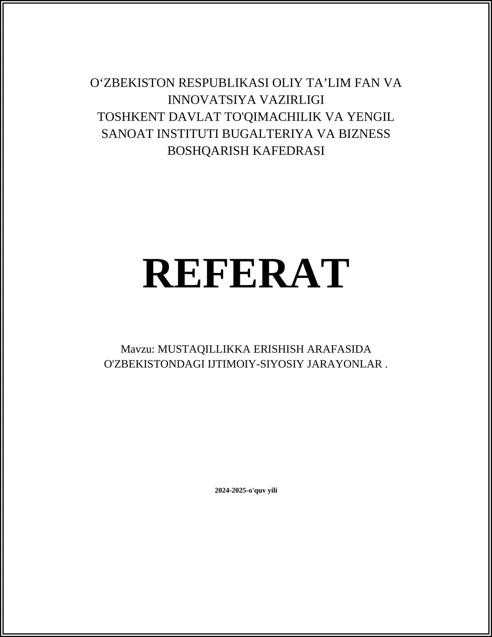 MUSTAQILLIKKA ERISHISH ARAFASIDA O'ZBEKISTONDAGI IJTIMOIY-SIYOSIY JARAYONLAR