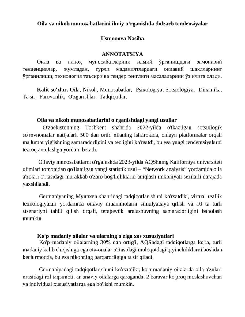Oila va nikoh munosabatlarini ilmiy o‘rganishda dolzarb tendensiyalar