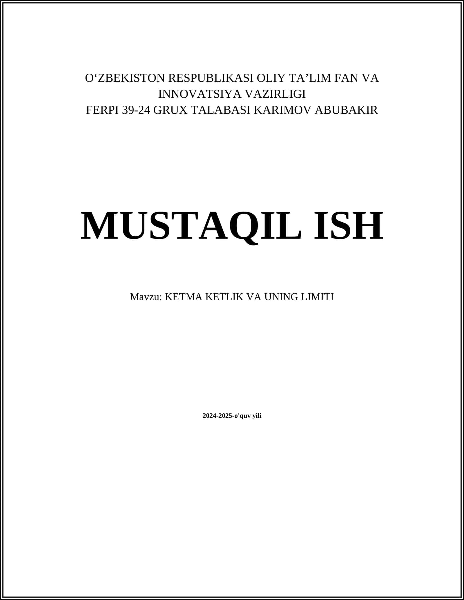 KETMA KETLIK VA UNING LIMITI