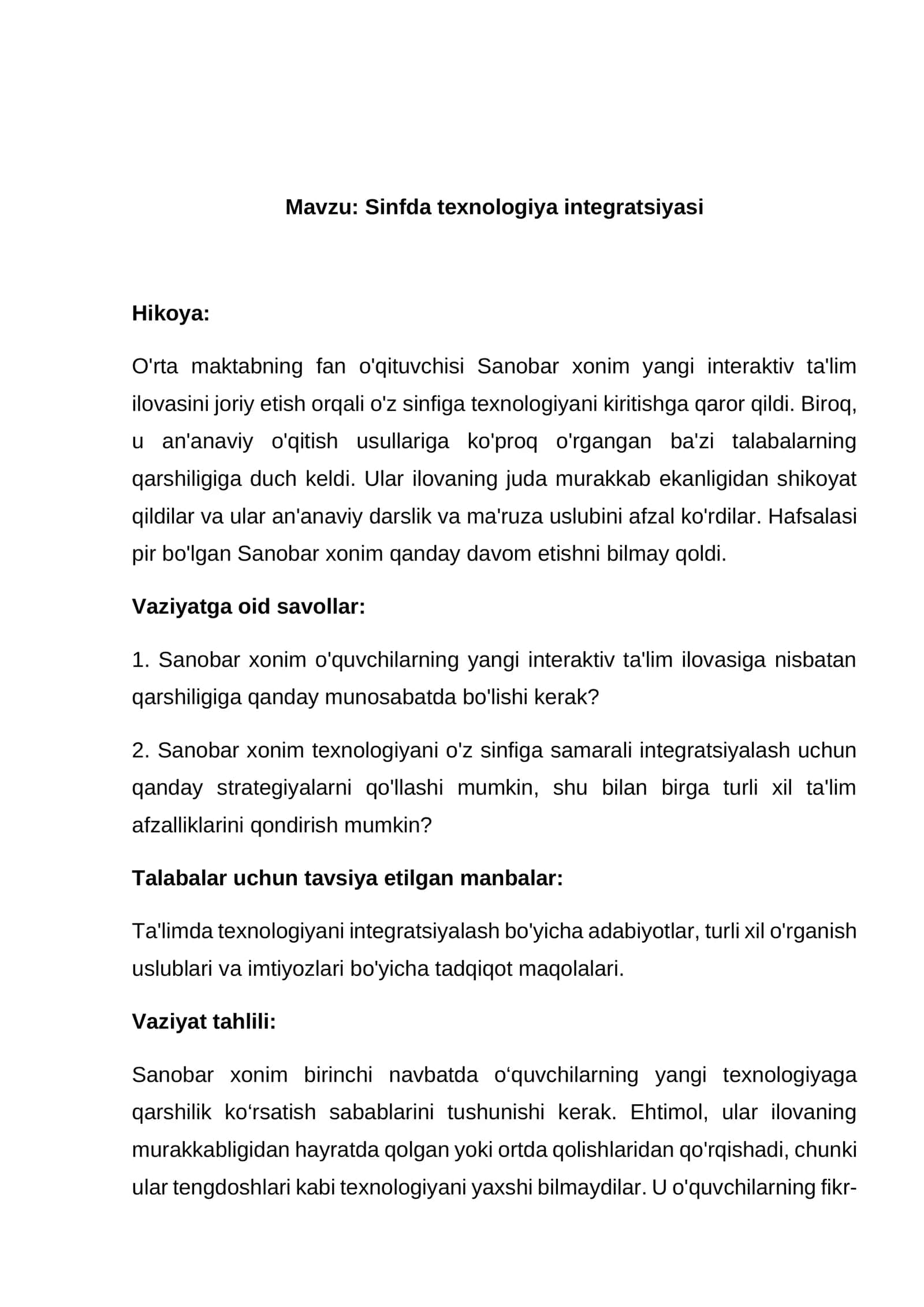 Sinfda texnologiya integratsiya
