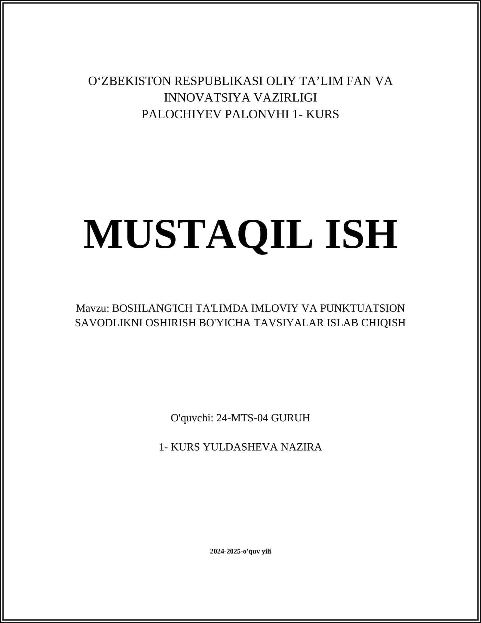 BOSHLANG'ICH TA'LIMDA IMLOVIY VA PUNKTUATSION SAVODLIKNI OSHIRISH BO'YICHA TAVSIYALAR
