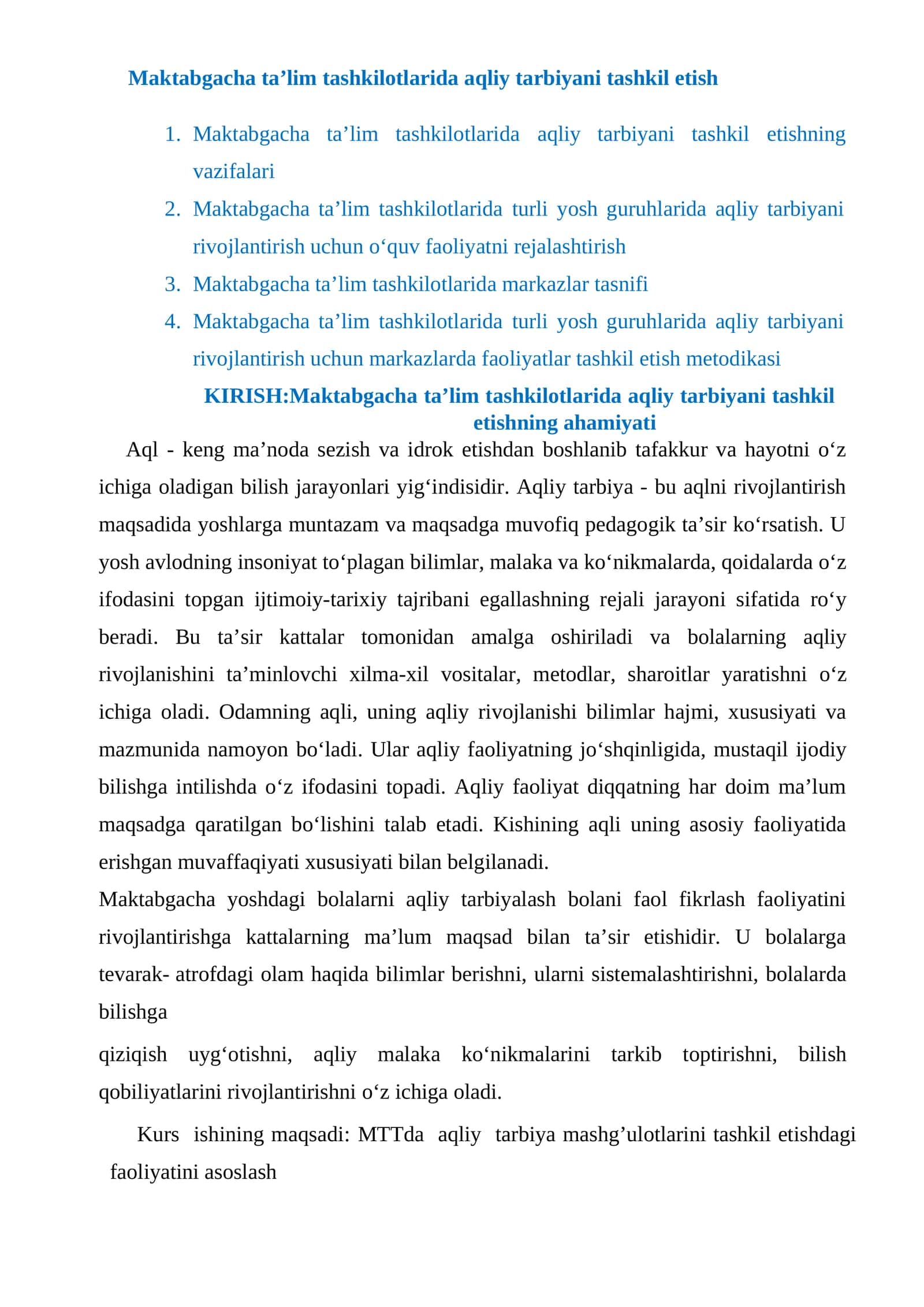 Maktabgacha ta’lim tashkilotlarida aqliy tarbiyani tashkil etish