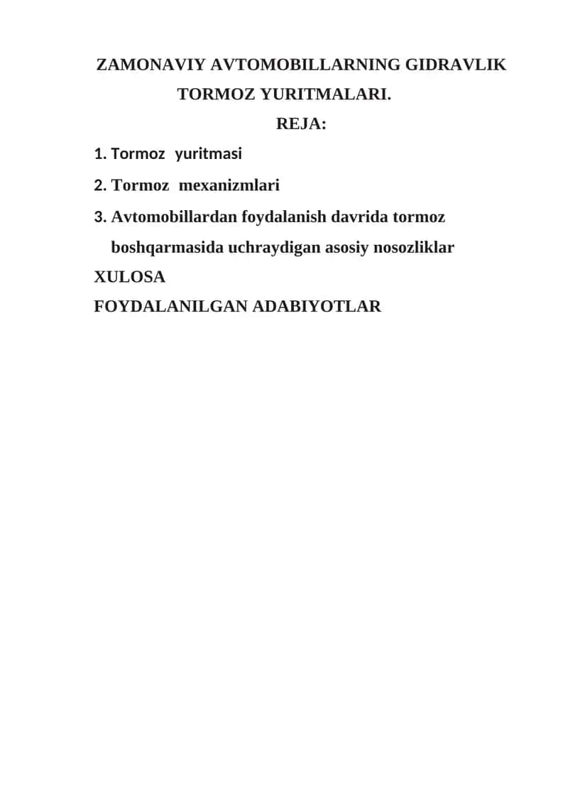 ZAMONAVIY AVTOMOBILLARNING GIDRAVLIK TORMOZ YURITMALARI