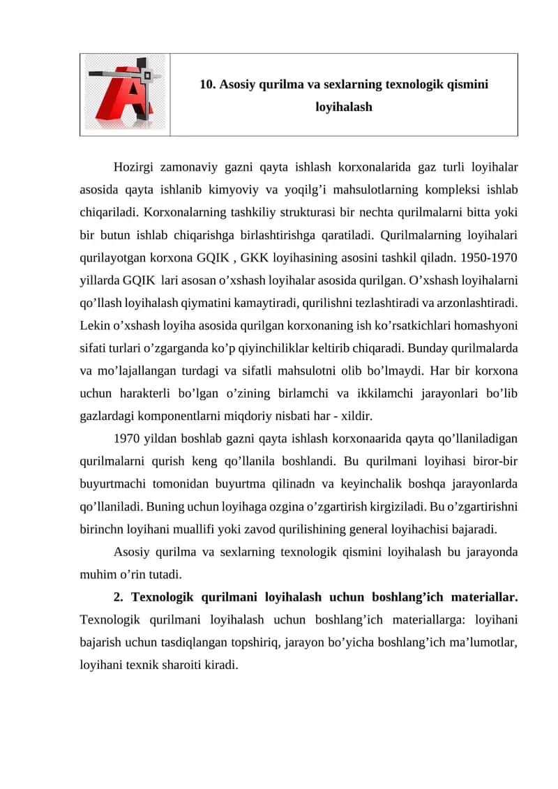 Asosiy qurilma va sexlarning texnologik qismini loyihalash