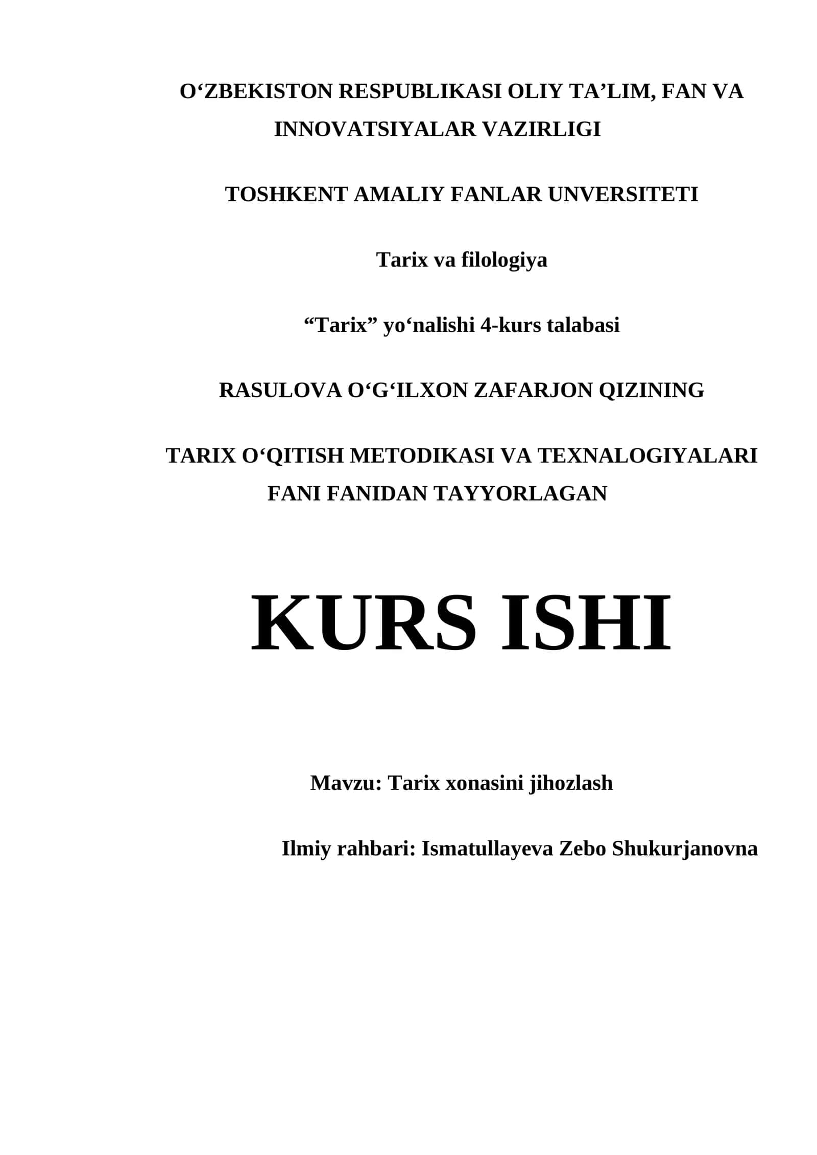 TARIX OʻQITISH METODIKASI VA TEXNALOGIYALARI
