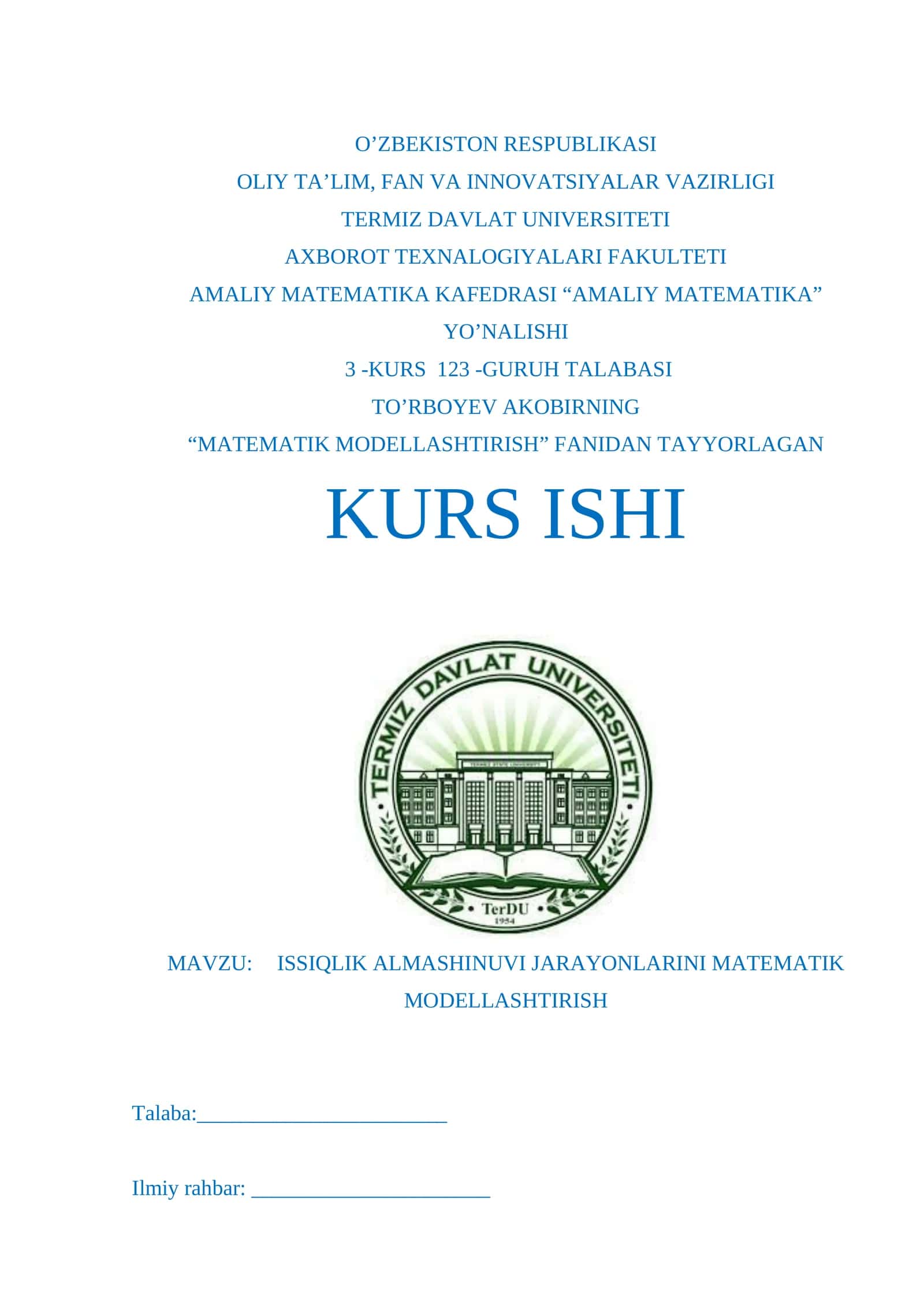 “MATEMATIK MODELLASHTIRISH” FANIDAN TAYYORLAGAN KURS ISHI