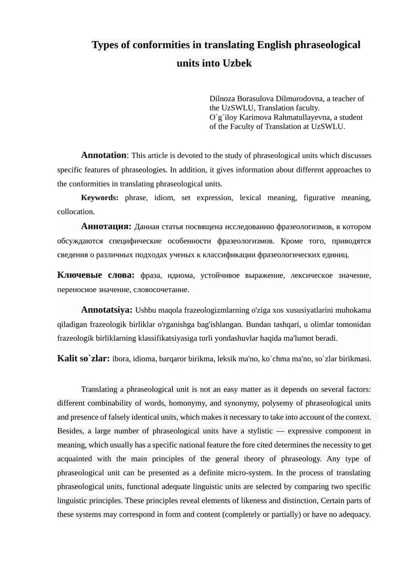 Types of conformities in translating English phraseological units into Uzbek