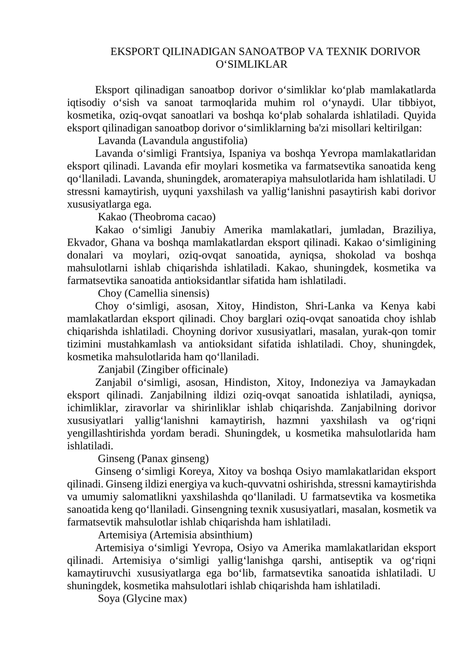 Eksport qilinadigan sanoatbop va texnik dorivormo o‘simliklar