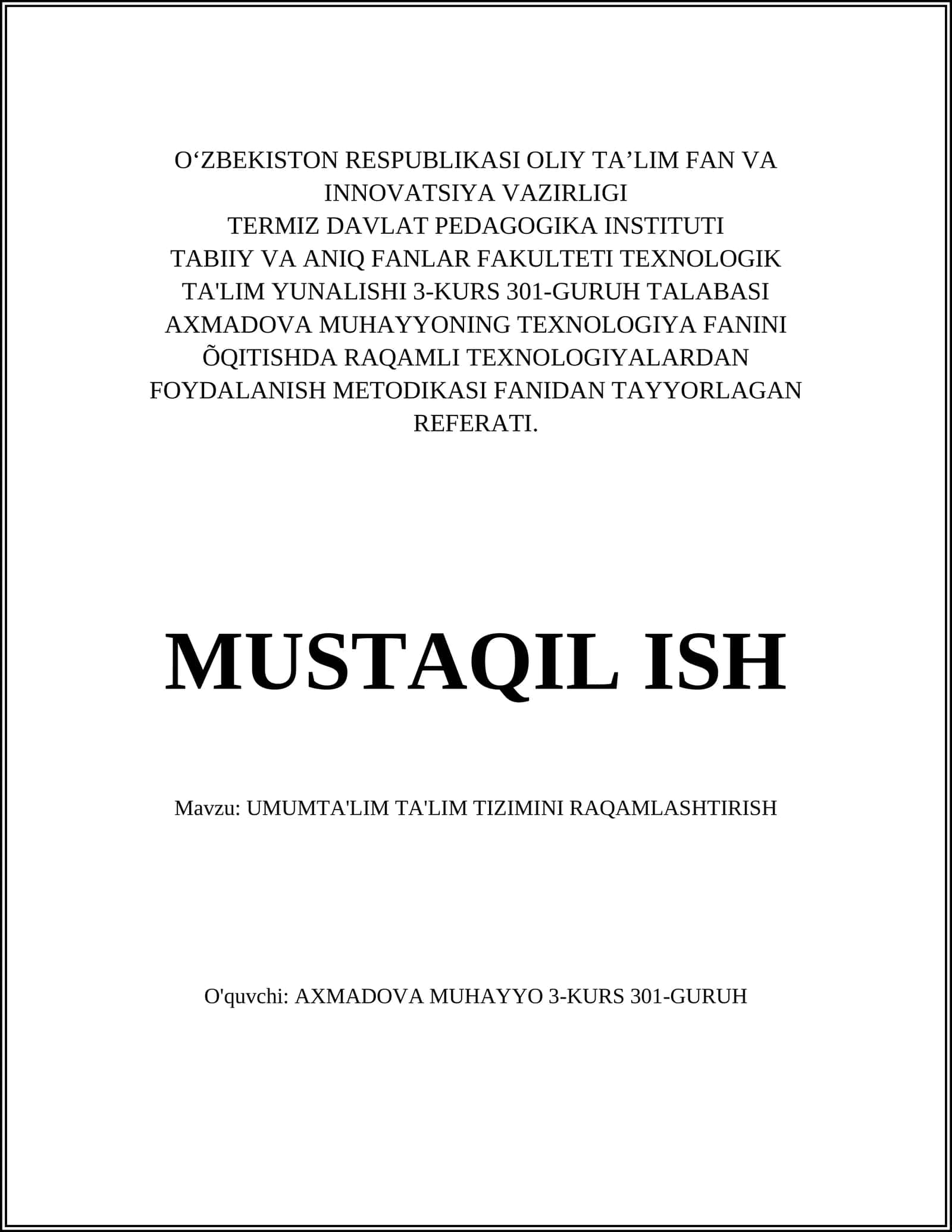 UMUMTA'LIM TA'LIM TIZIMINI RAQAMLASHTIRISH