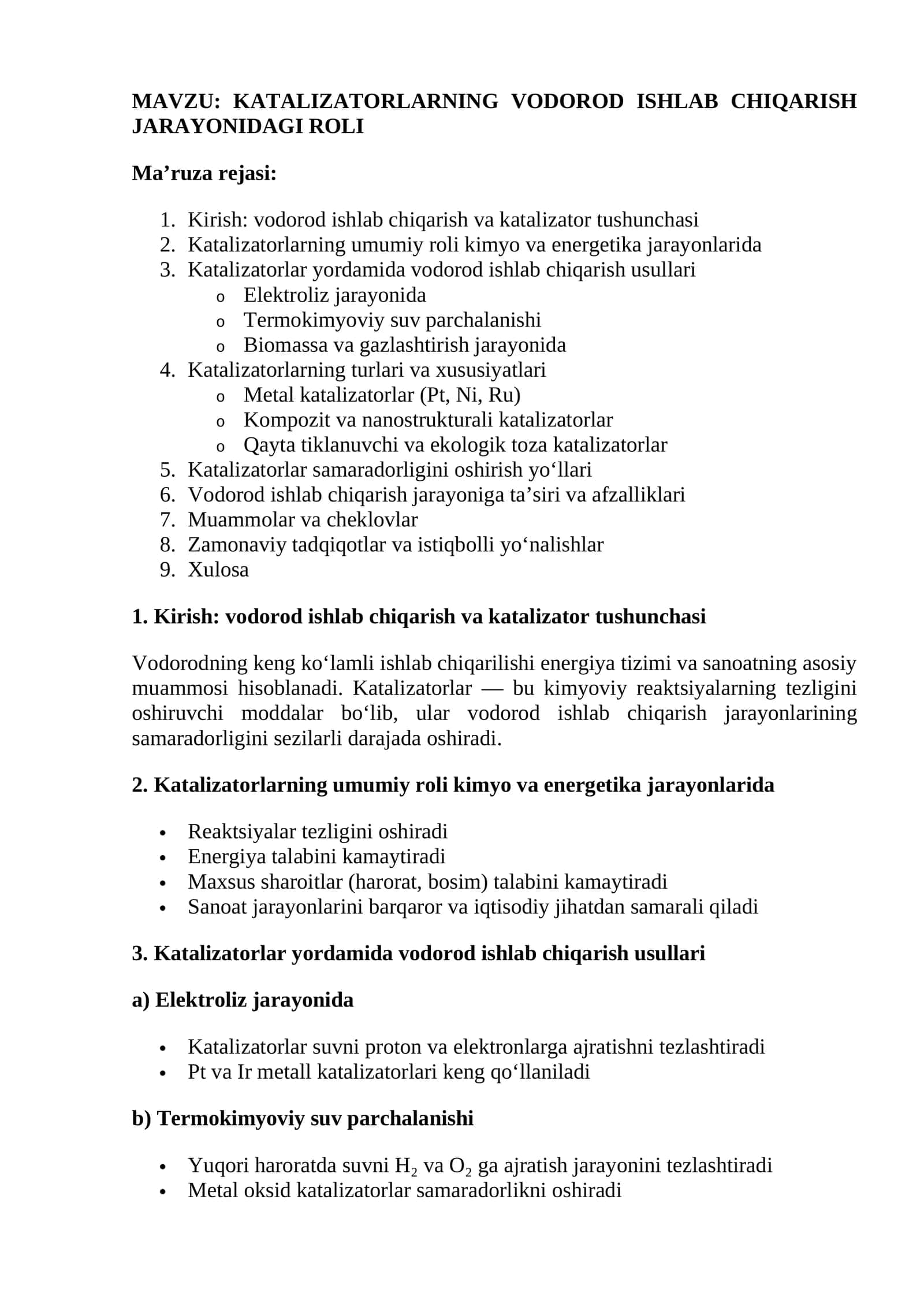 KATALIZATORLARNING VODOROD ISHLAB CHIQARISH JARAYONIDAGI ROLI