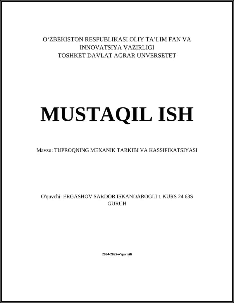 TUPROQNING MEXANIK TARKIBI VA KASSIFIKATSIYASI