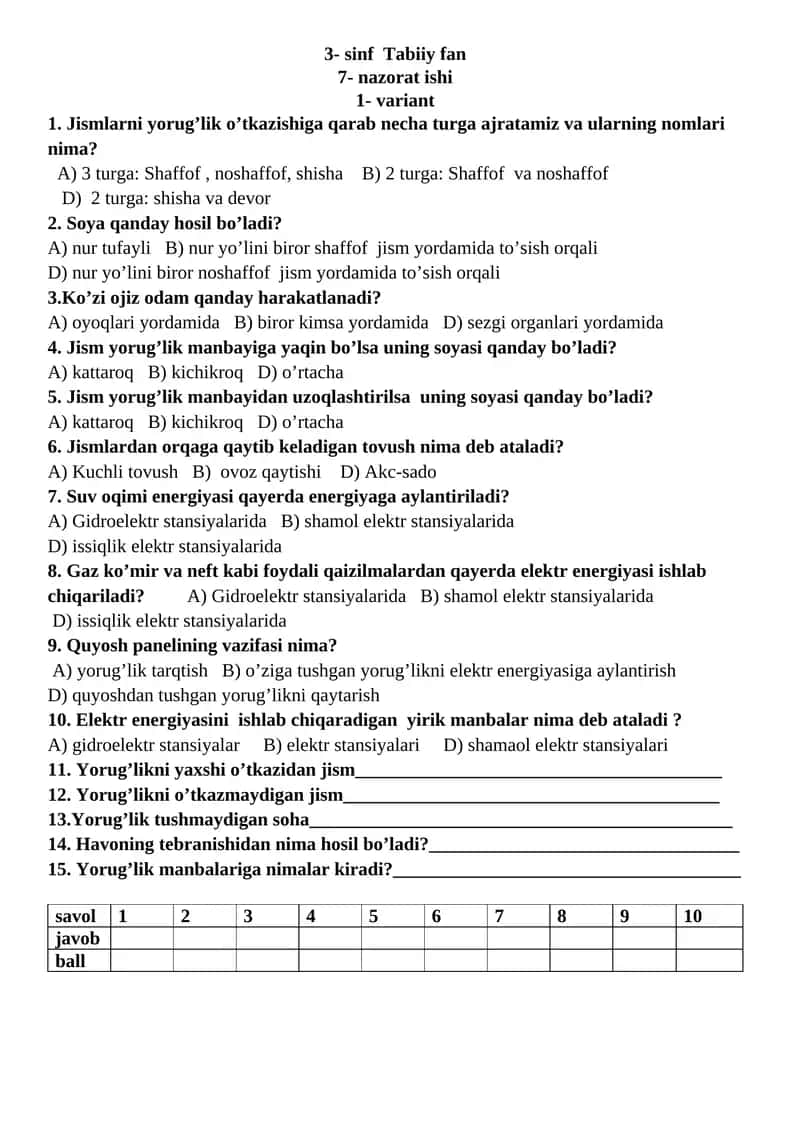 3- sinf Tabiiy fan 7- nazorat ishi 1- variant