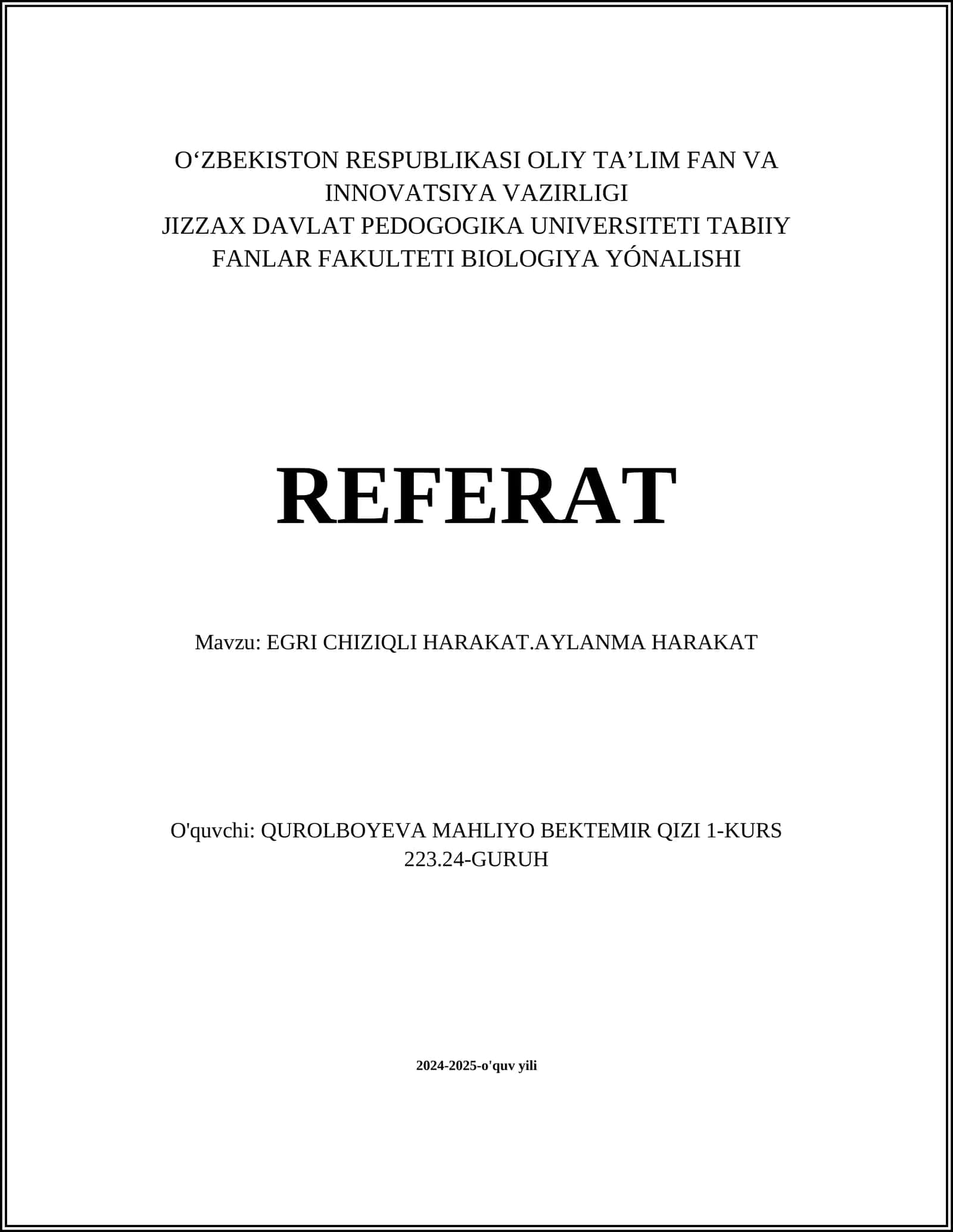 EGRI CHIZIQLI HARAKAT.AYLANMA HARAKAT